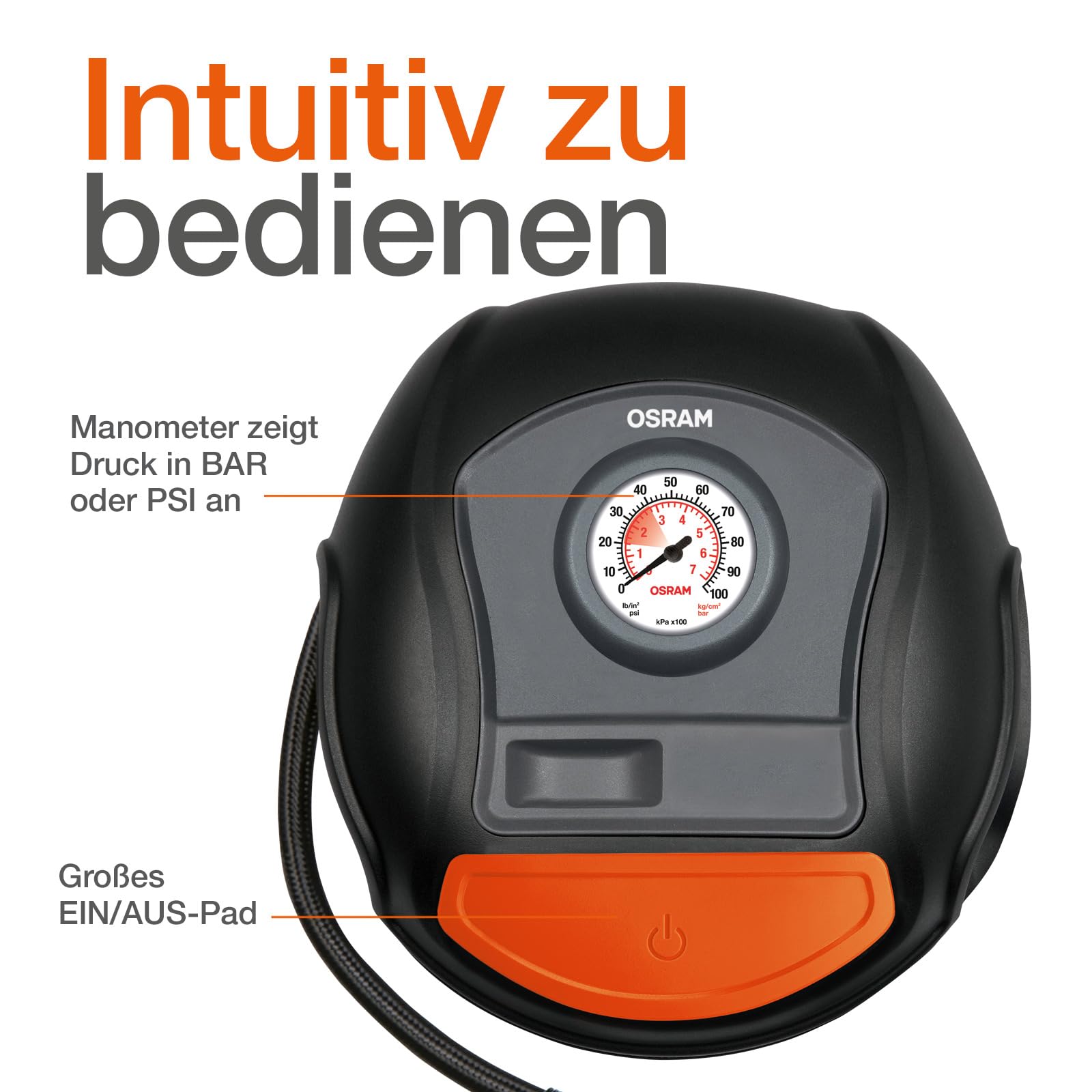 OSRAM TYREinflate 200, Analoge Reifenpumpe, tragbarer 12V Kompressor für Autoreifen, Stromanschluss via Zigarettenanzünder, Reifenbefüllung in 4,5 Minuten