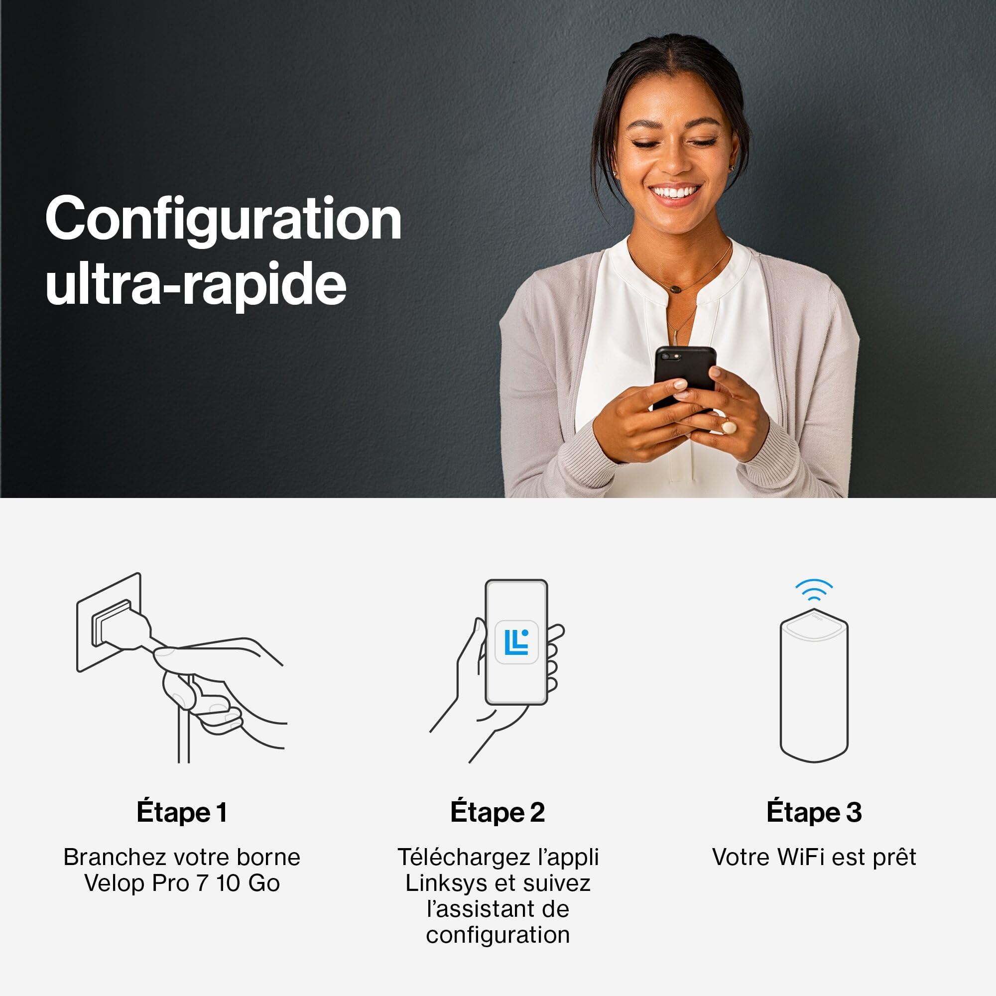 Linksys Velop Pro 7 10G LN1401 – Système Mesh Triple Bande avec 1 Port 10 Gigabit Internet/WAN et 4 Ports 2,5 Gigabit LAN, Couverture Jusqu’à 280 m² et Plus de 200 appareils