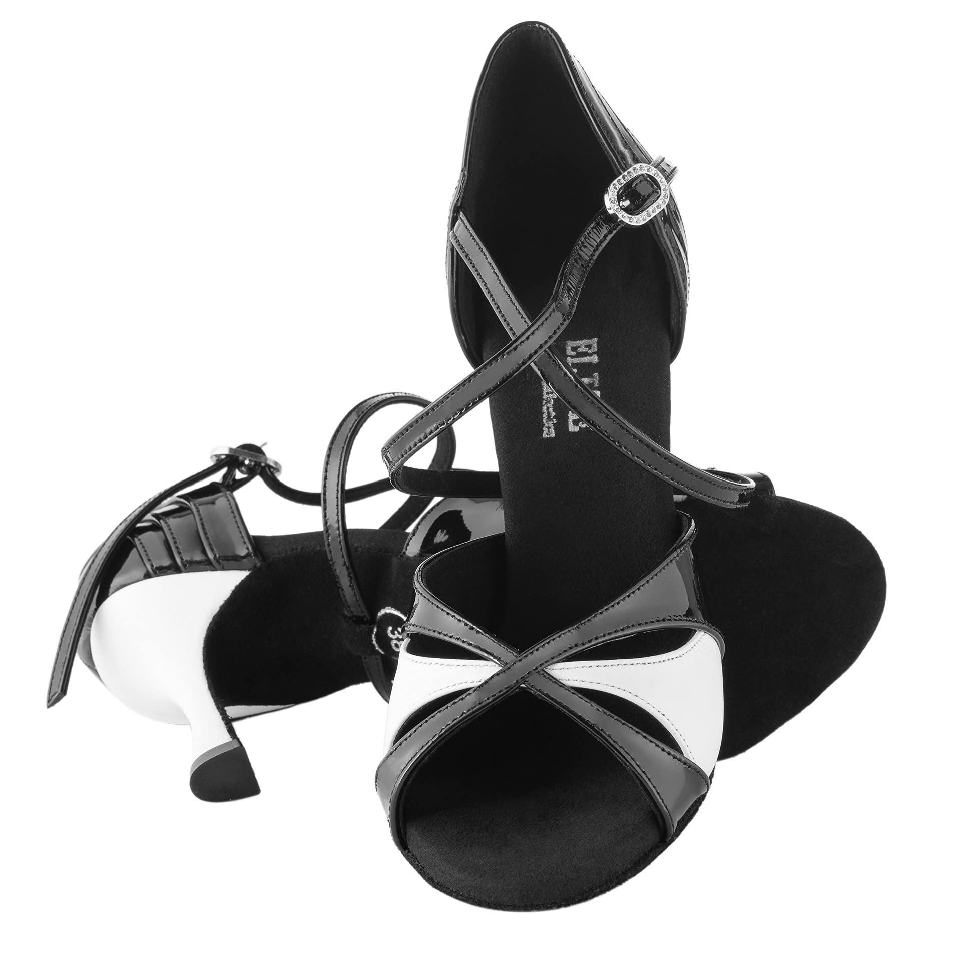 Rummos Donne Scarpe da Ballo Elite Paloma 035/004 - Pelle/Pelle Verniciata Noir/Bianco - Larghezza Normale - 7 cm 70R Flare Tacco - Made in Portugal