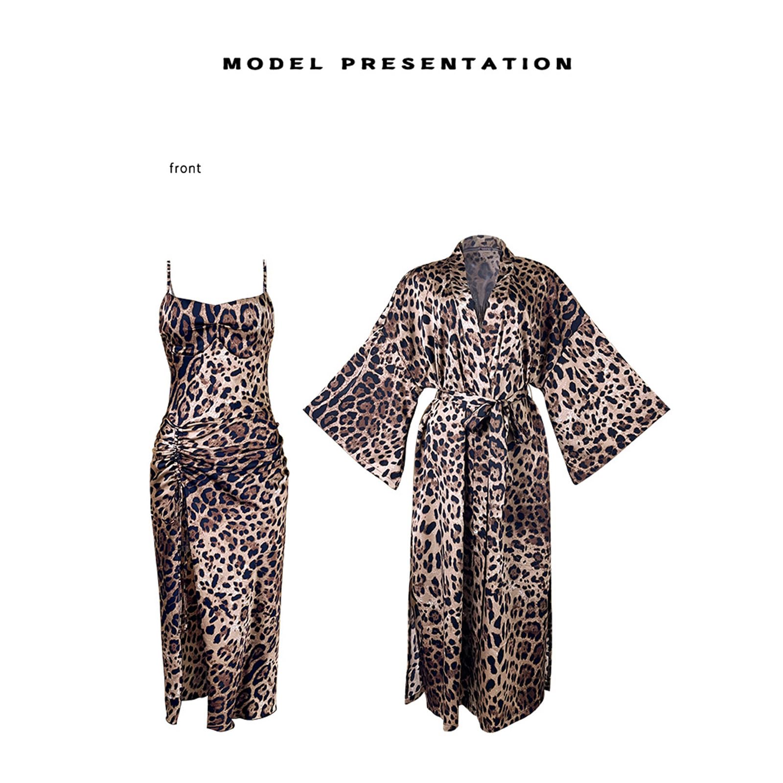 Nachtwäsche Set mit Leopardenmuster, abnehmbarem, gepolstertem BH und Robe mit, elegantes Pyjama Kleid für Damen, Damen Nachtwäsche