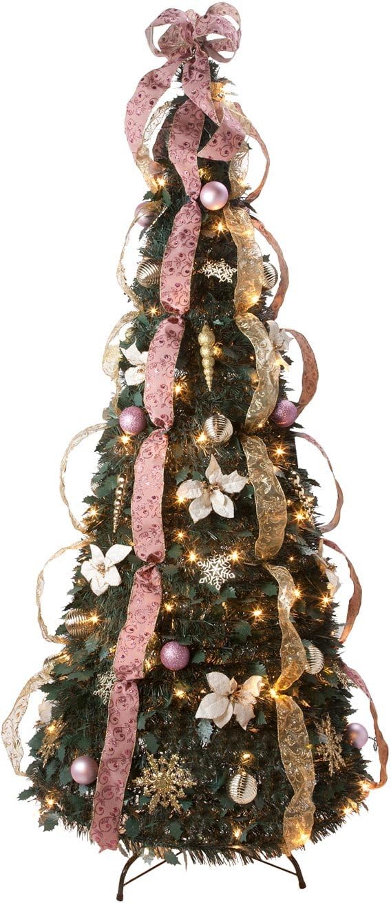 HOLIDAY PEAK 6’ Victorian Style Pull-Up Christmas Tree, Gold and Blush Pink, Pre-Lit and Fully Decorated, Collapses for Easy Storage