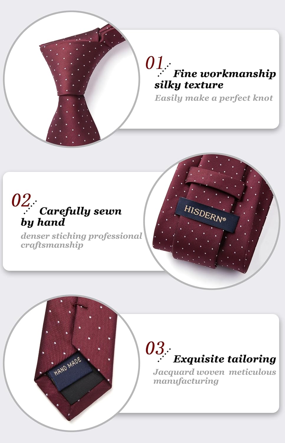 HISDERN Polka Dot Ties for Men Classic Silk Ties and Pocket Square Formal Business Necktie Handkerchief Wedding Party - Image 4