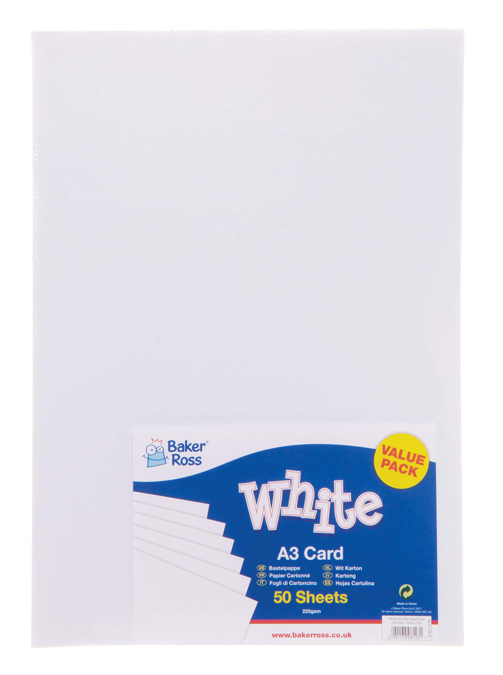 Baker Ross Lot de 50 feuilles de papier cartonné Blanc Format A3 220 g/m²