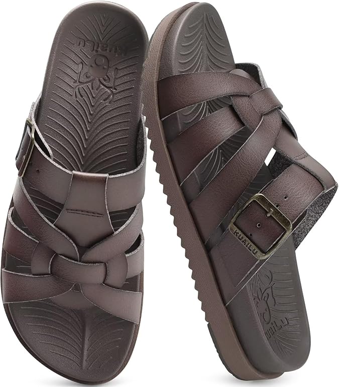 KuaiLu Gladiator Sandals for Women with Comfortable Arch Support Summer Beach Walking Fisherman Slides Boho Outfits Slip on Cushion Shoes Indoor Outdoor