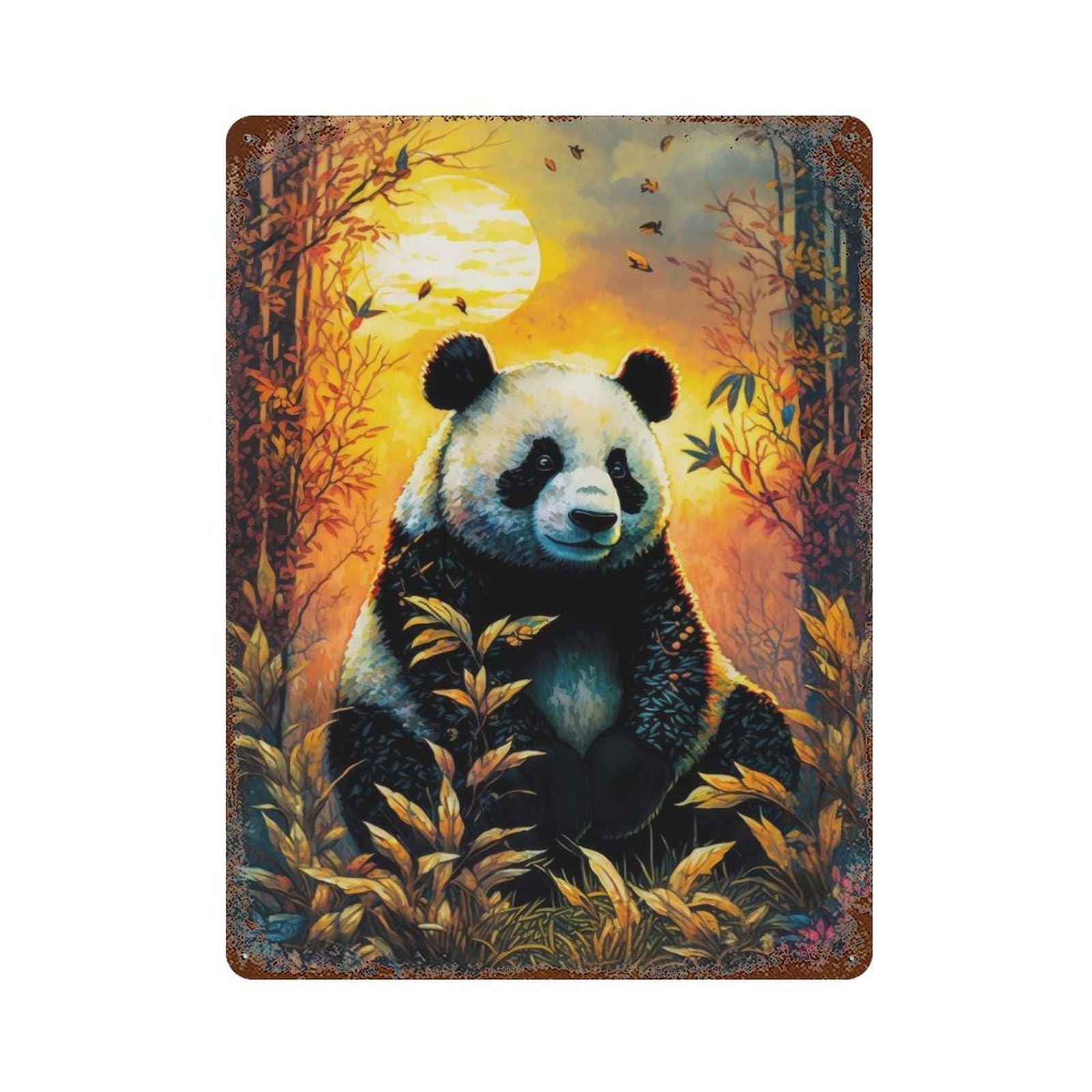 Aged Metal Wall Plaque with Panda Art Style 7 Design 15.7"x11.8", for Pub, Kitchen And Man Cave Decor, Shabby Chic Decor