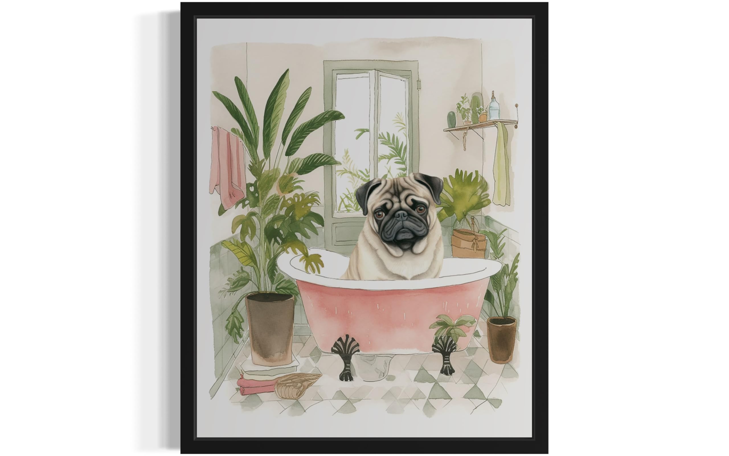 Pug in Bathtub Wall Art Poster Print, Animal Bathtub Restroom Wall Art Painting for Bathroom Decor Gallery Gallery 30 (Pug in Bathtub, 8 x 10 inches,