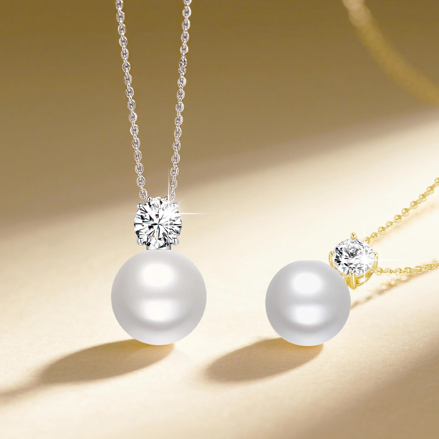 SUNFEEL 925 Sterling Silver Pearl Necklaces for women 14K Gold Plated 5A CZ 10MM/12MM Single Pearl Pendant Necklace Gifts for Her Mom Wife Girlfriend Engagement Wedding Birdal Christmas Trendy Jewelry - Image 5