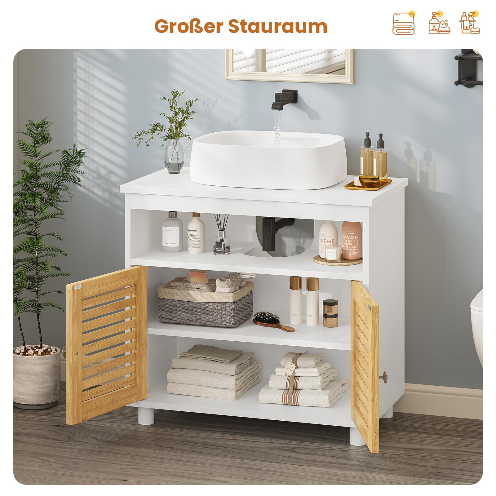 Waschbeckenunterschrank, Badschrank Unterschrank mit Doppeltüren aus Bambus, EIN offenes Fach, Badezimmerschrank, Waschtischunterschrank, 60 x 30 x 60 cm
