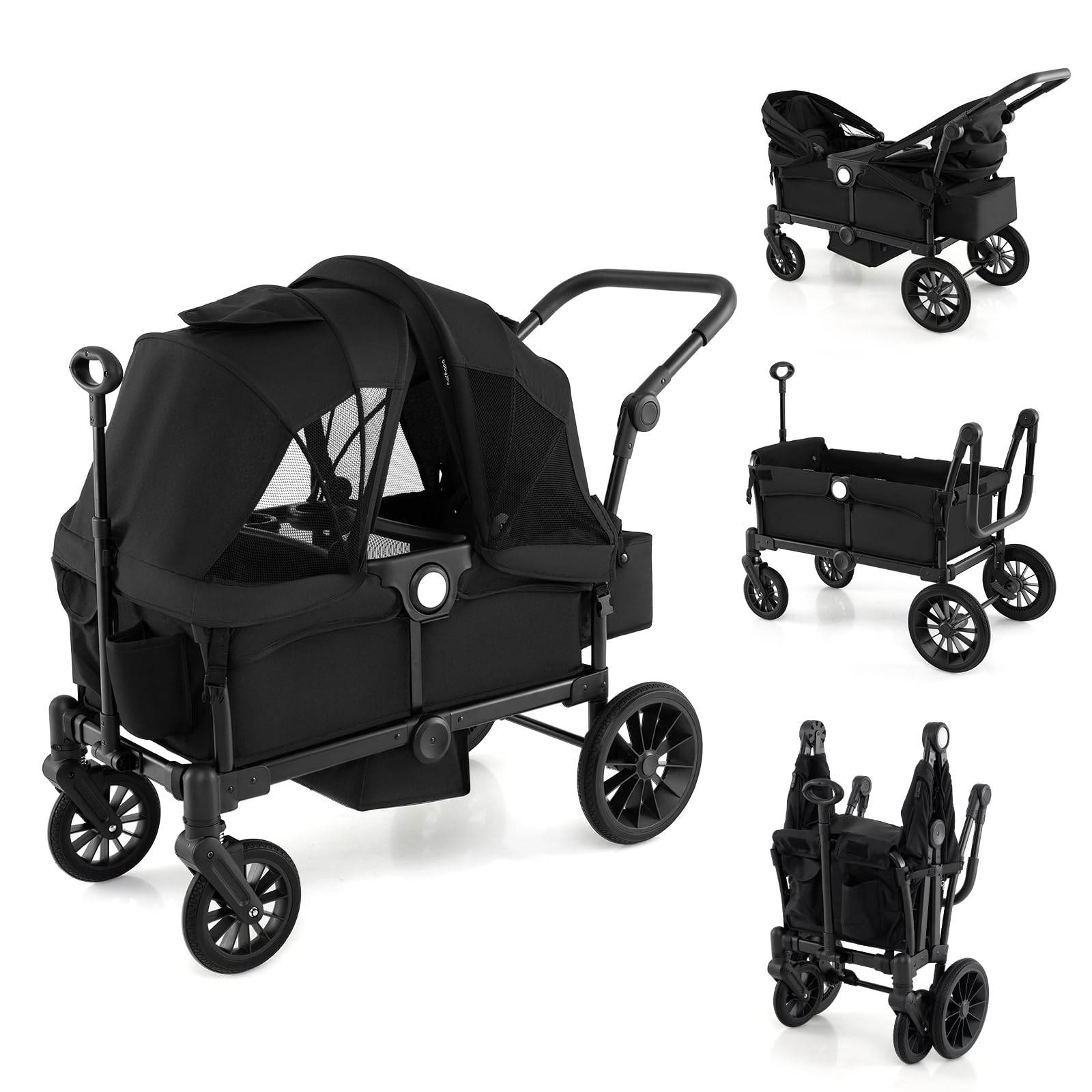 COSTWAY Stroller Wagon for 2 Kids, Push Pull Double Stroller with Adjustable Handle, Removable Canopy, Cup Holder, Food Tray, 3-Point Harness, Folding Camping Cart Trolley (Black)