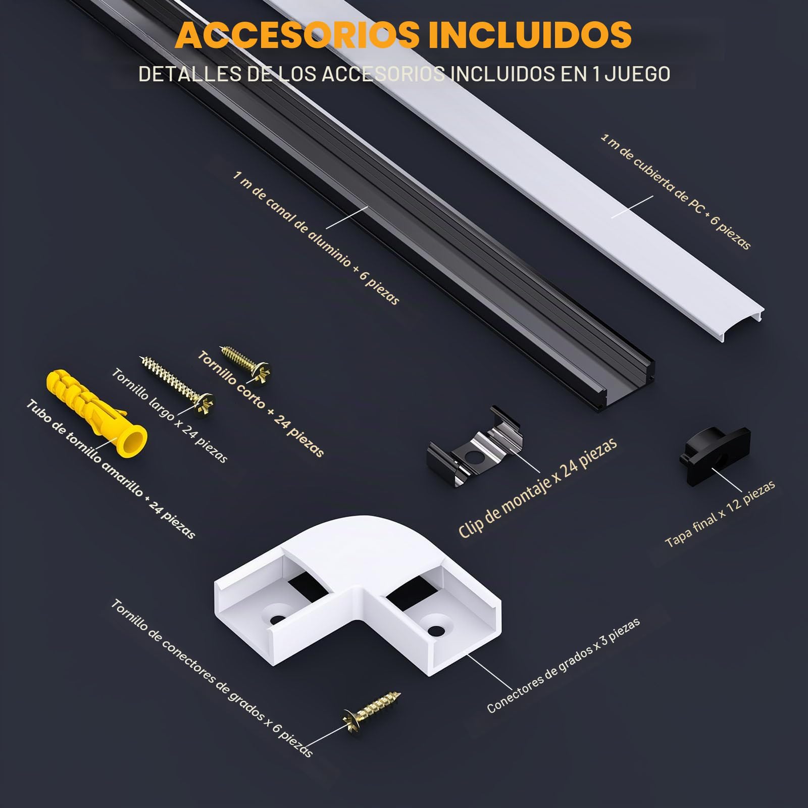 Difusor de Tira Led, Canal de Aluminio Negro En Forma de U, Perfil Led Con Cubierta Blanca Lechosa, Tapas de Extremo Y Clips de Montaje, ExtrusióN Conectores