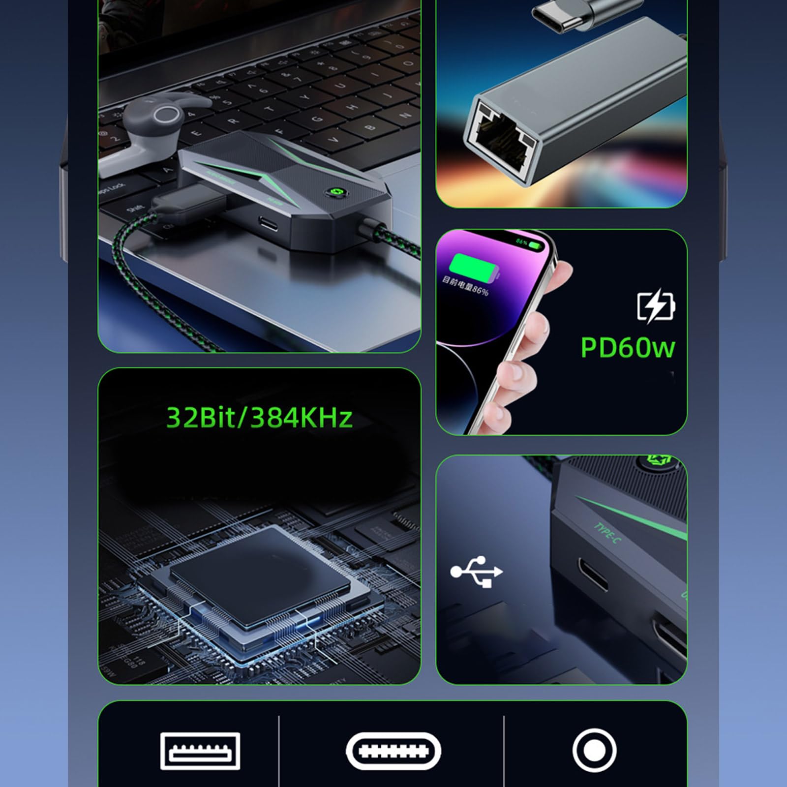 Estación de acoplamiento de 5 Gbps para adaptador de auriculares GS4 con carga de 5 Gbps, adaptador auditivo tipo C de 3.5 mm para Game Pad