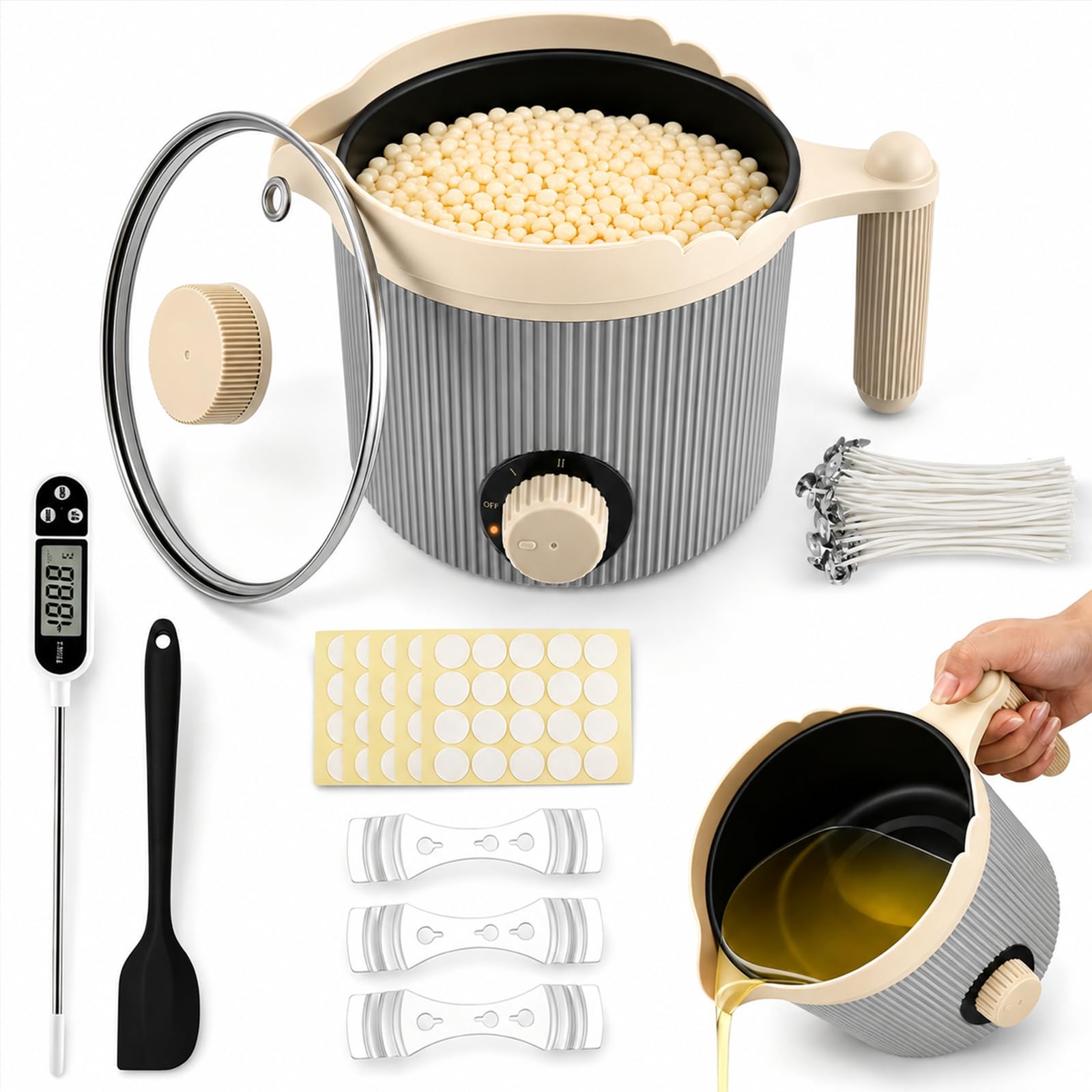 Pentola digitale per cera con beccuccio, set per realizzare candele fai da te per principianti e adulti, include cucchiaio in silicone, termometro, stoppini per candele, supporto per stoppino e