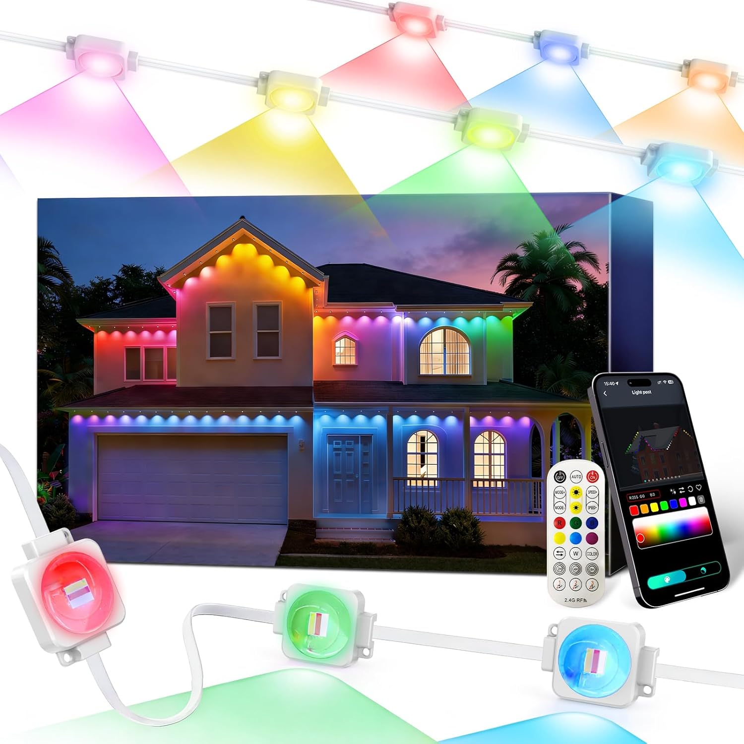 Permanent Outdoor Lights 100FT, Smart RGB+IC Eave Lights with Remote APP Control, DIY LED Color Individual, White & Colorful Christmas String Light, IP67 Waterproof for House Outside Decor