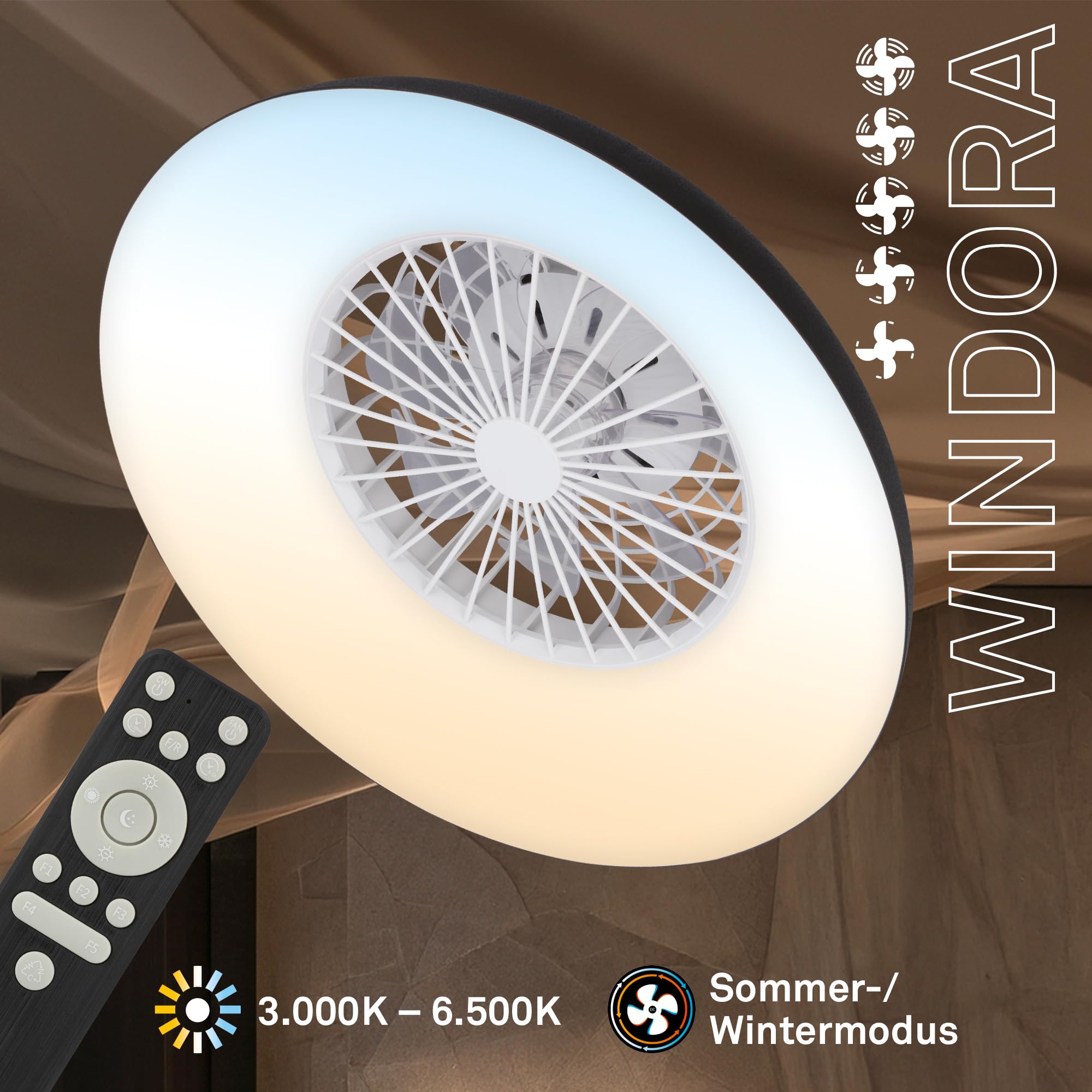 BRILONER - Ventilador de techo con luz LED, mando a distancia, motor DC silencioso con 5 velocidades, CCT y luz regulable, lámpara ventilador techo dormitorio, 60 x 19 cm, negro, blanco