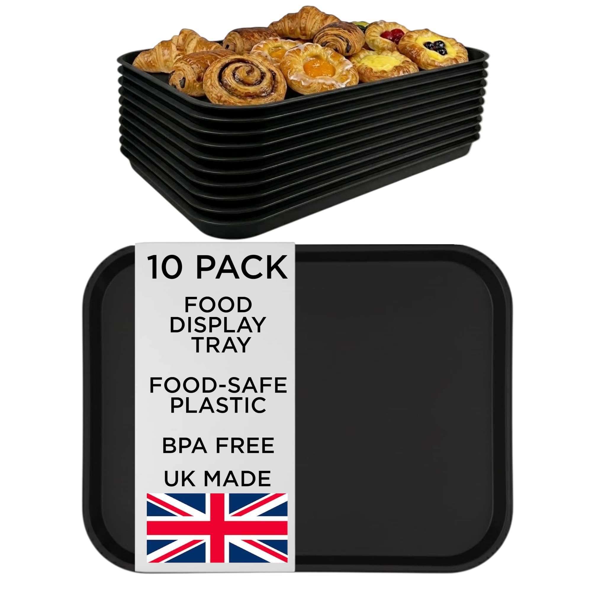 Chabrias Ltd Black 10 Pack Plastic Food Display Trays - Made In Uk - 36×27Cm - Bpa-Free Food-Grade Butcher Meat Display Trays For Delis, Cafés, Bakeries & Catering Counters | Commercial Plastic Tray
