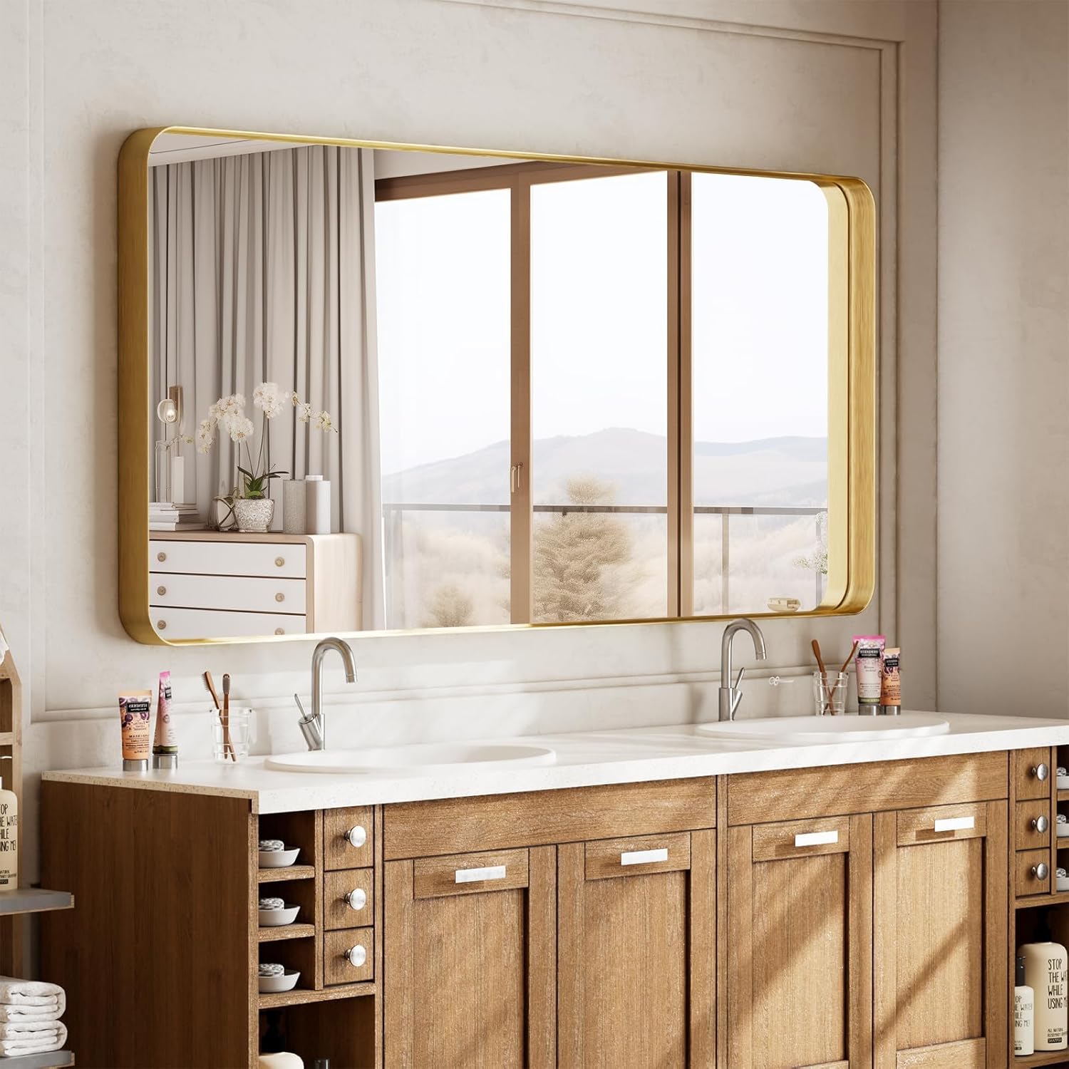 VooBang Bathroom Mirror 30x56 inch, Golg Gorgeous Deep Frame Wall Mirror with Shatterproof Tempered Glass, Modern Bathroom Vanity Mirror for Over Sink Hanging Horizontal or Vertical, Gold Gold 56"L x 30"W