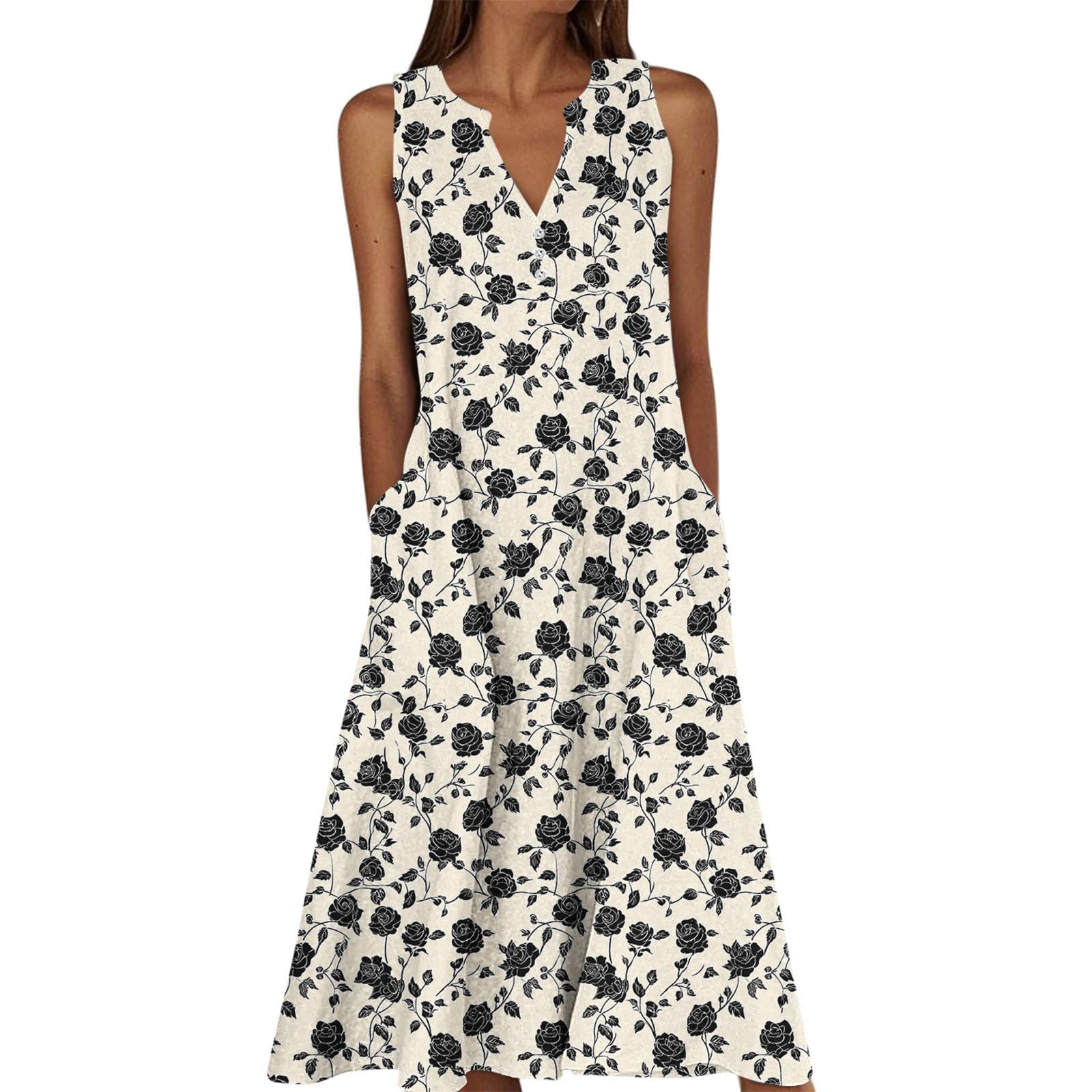 Summer Floral Print Midi Dresses for Women Boho Sleeveless V Neck Tank Dress Beach Vacation Sundress with Pockets — view 14
