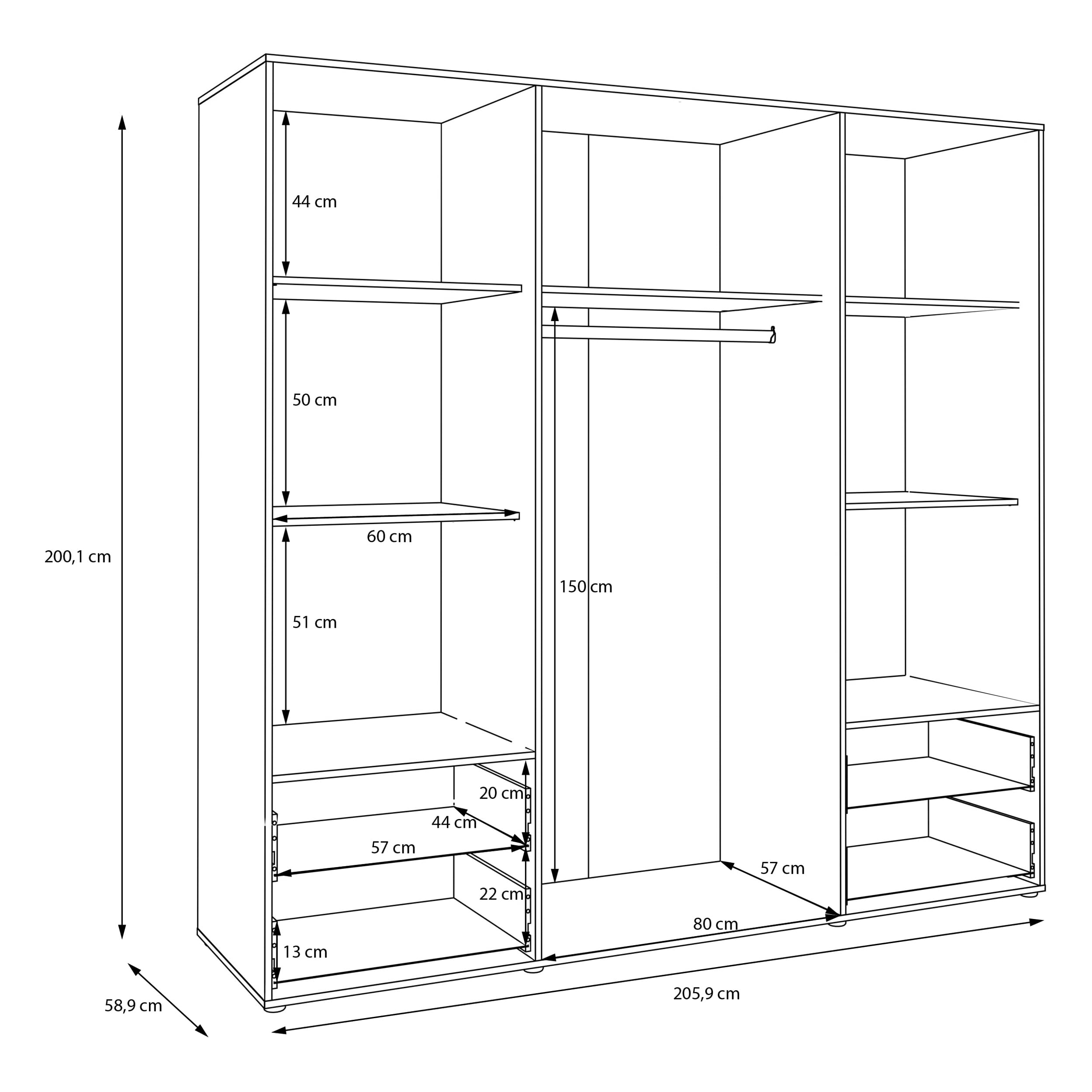 Forte Jupiter 200 210 - Armadio a 4 ante a 4 ante con 4 cassetti, in legno, colore nero opaco, larghezza 205,9 cm, altezza 200,1 cm, profondità 58,8 cm