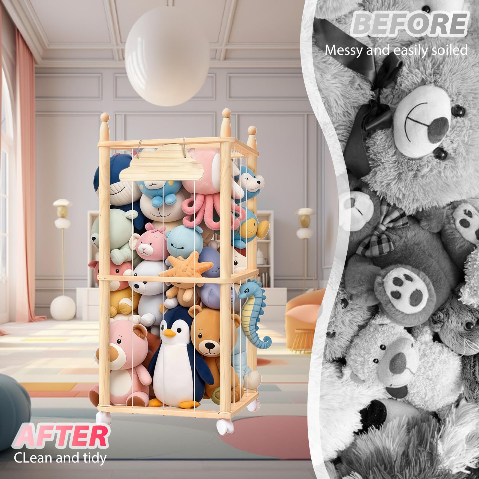 Rangement en Bois pour Peluches, avec roulettes à 360 °, Rangement pour Peluches, pour Salle de Jeux, Chambre à Coucher, Chambre d'enfant