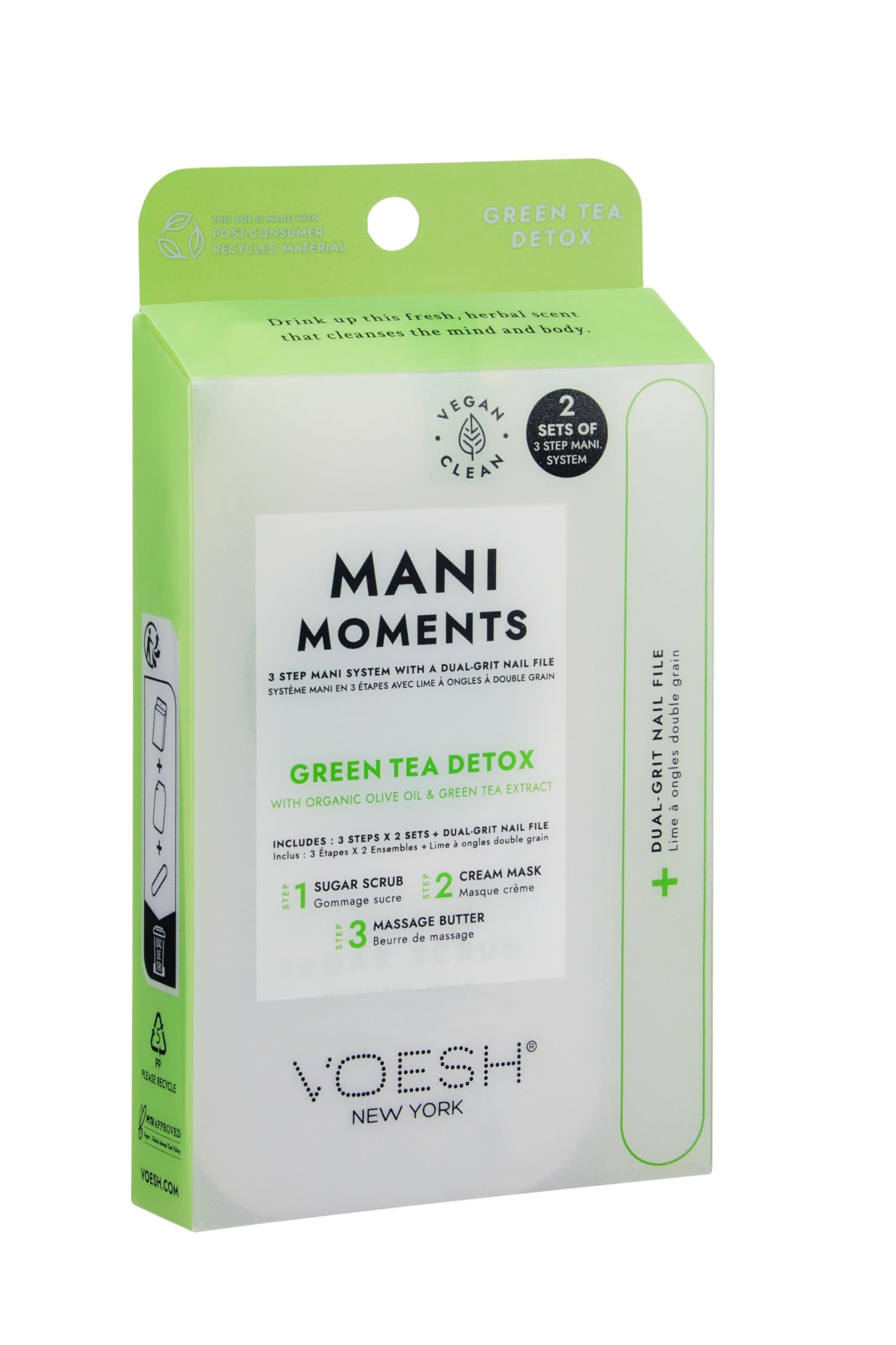 VOESH Mani Moments, Two Sets of Mani in a Box 3 Step + Nail File, Green Tea Detox, Manicure Kit, Hand Care, Nail Supplies, Home Manicure