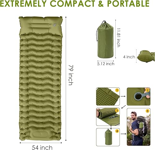 Miniatura 8 de Colchoneta de dormir autoinflable para campamento, catres portátiles de 4 pulgadas extra gruesos para adultos con almohadas y bomba de pie