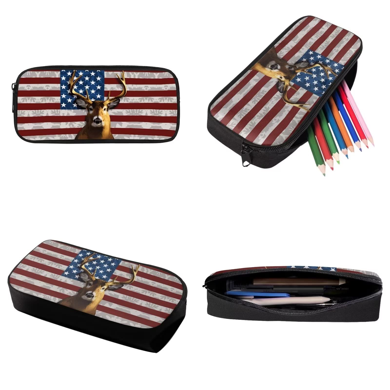 Poceacles Schultasche und Lunchbox-Set für Teenager, Jungen, Grundschule, Büchertasche, Federmäppchen für Grundschulkinder, Amerikanische Flagge und Reh, Einheitsgröße