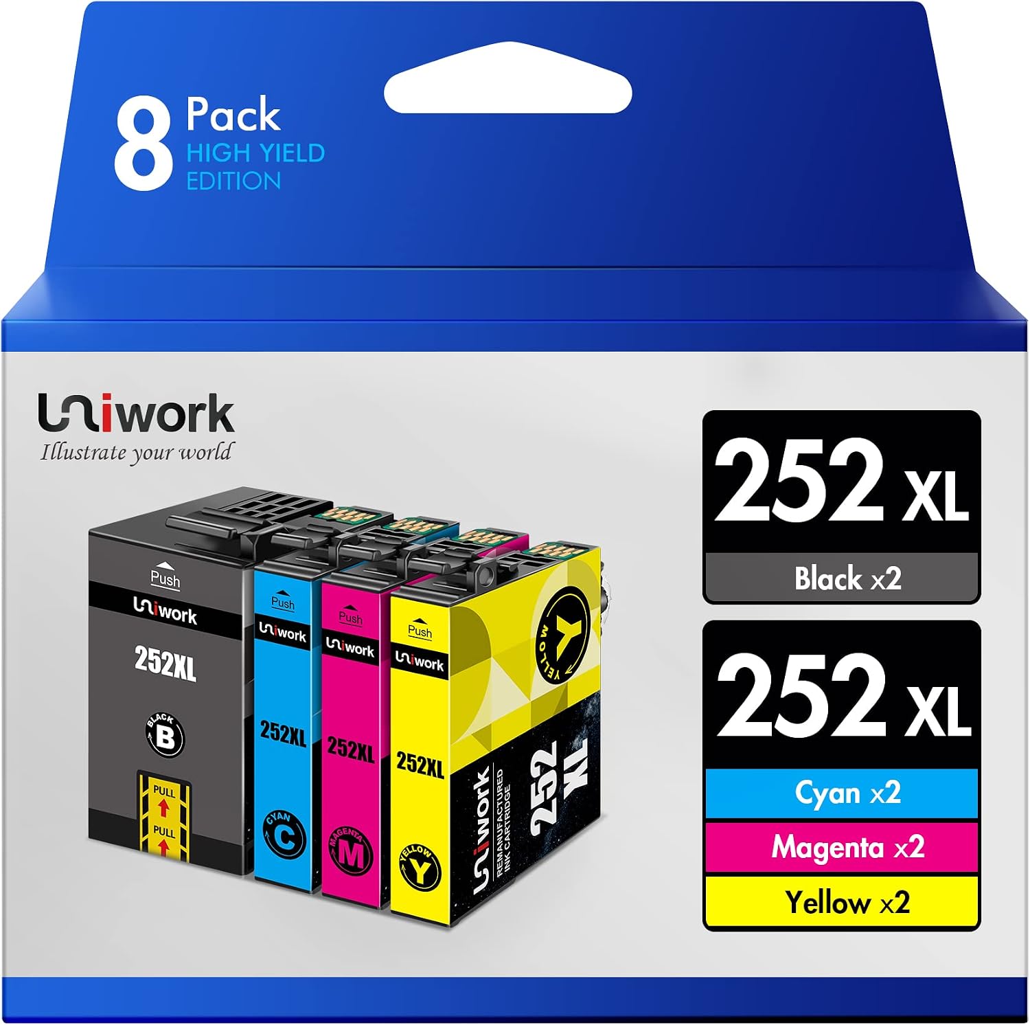 Uniwork Remanufactured Ink Cartridge Replacement for Epson 252XL Ink Cartridges Combo Pack 252 XL T252XL Compatible with Workforce WF-3640 WF-3620 WF-7110 WF-7710 WF-7720 WF-7620 Printer (8 Pack)