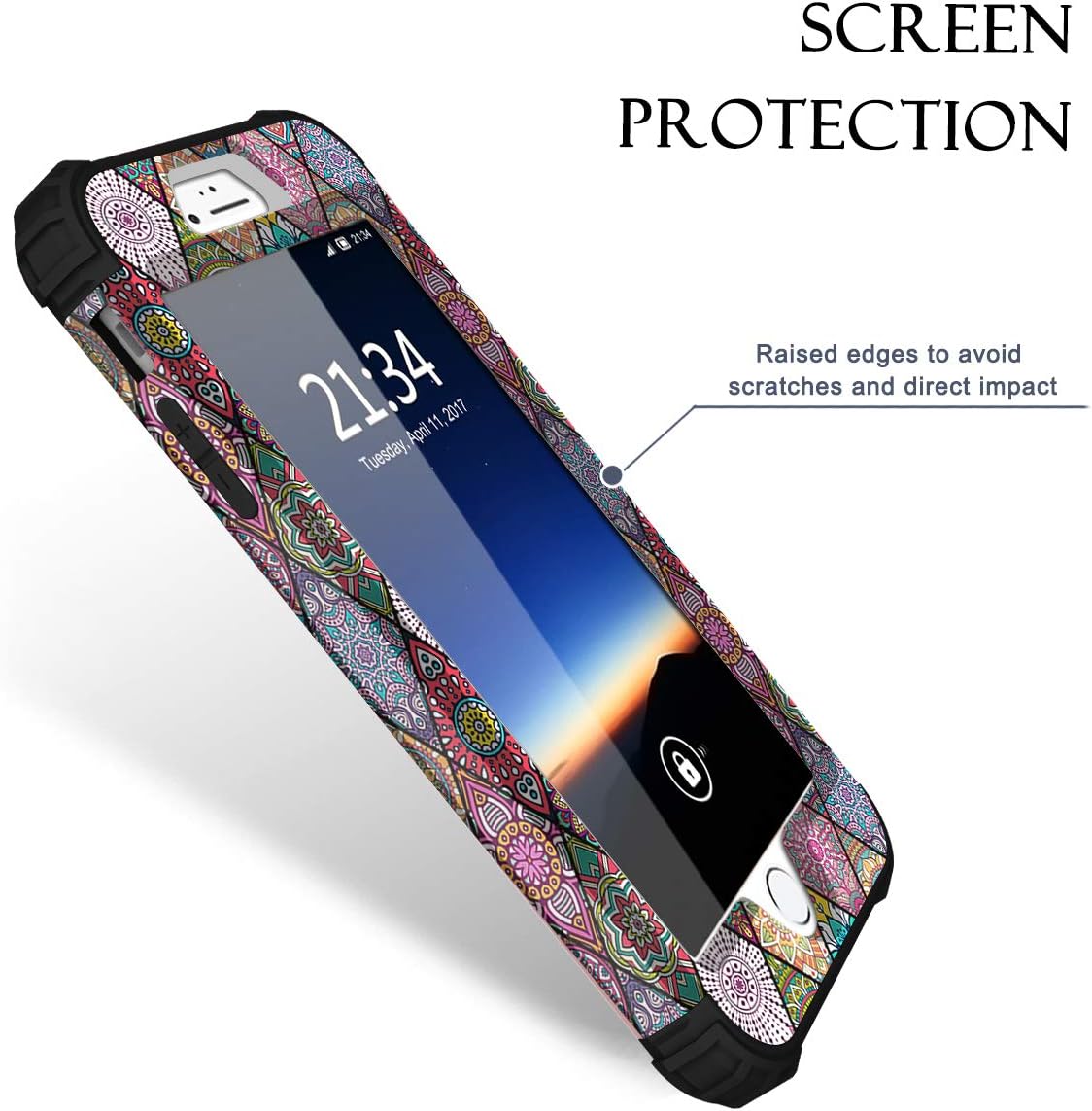Hocase iPhone 8 Plus Case, iPhone 7 Plus Case, Heavy Duty Shockproof Protection Hard Plastic+Silicone Rubber Hybrid Protective Case for iPhone 7 Plus/iPhone 8 Plus - Mandala Flowers/Black