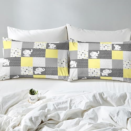 Miniatura 5 de Juego de sábanas bajeras de cuadrícula amarilla, gris y blanco, tamaño Queen, diseño de animales kawaii, diseño de elefante, funda de cama vintage