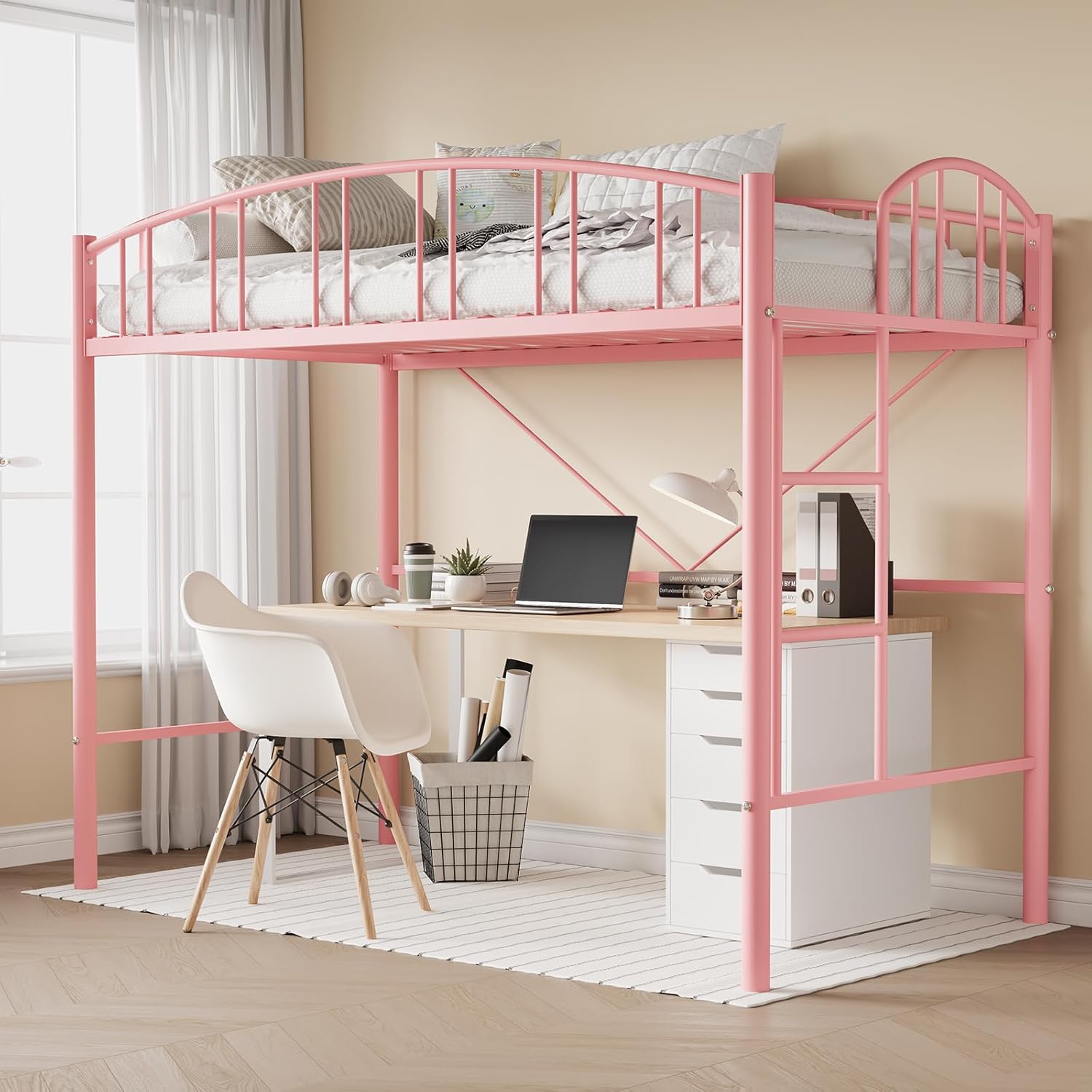 GAOMON Loft Bed Twin Size withFlat Ladder Rung, Arched Safety Guardrail, Metal Loft Bed Frame, Sturdy Steel Slats Support, Small Space Saving Design, No Box Spring Needed,for Kids Teens Adults, White