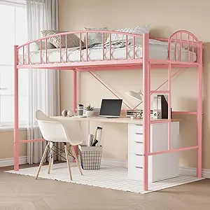Garvee Loft Bed Twin Size with Ladde and Arched Guardrail, Heavy Duty Metal Loft Bed Frame for Kids and Adults, Sturdy Steel Slats Support, Small Space Saving Design, No Box Spring Needed, Pink
