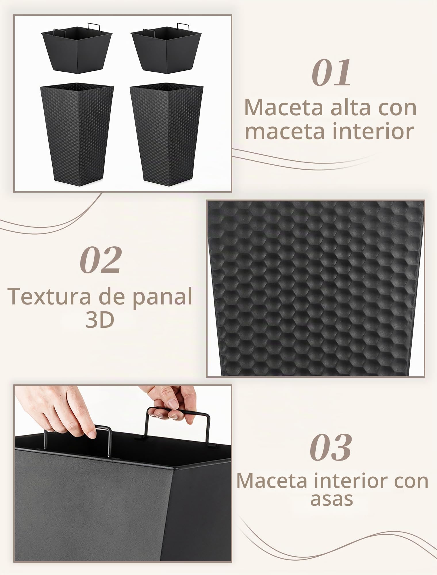 Sziqiqi Macetero Alto Exterior de Metal: 2X Macetas Interior Grandes 55cm Alto con Agujeros de Drenaje Modernos para Plant Flower - Jardineras Exterior Grandes Negro para Terraza Balcon Patio