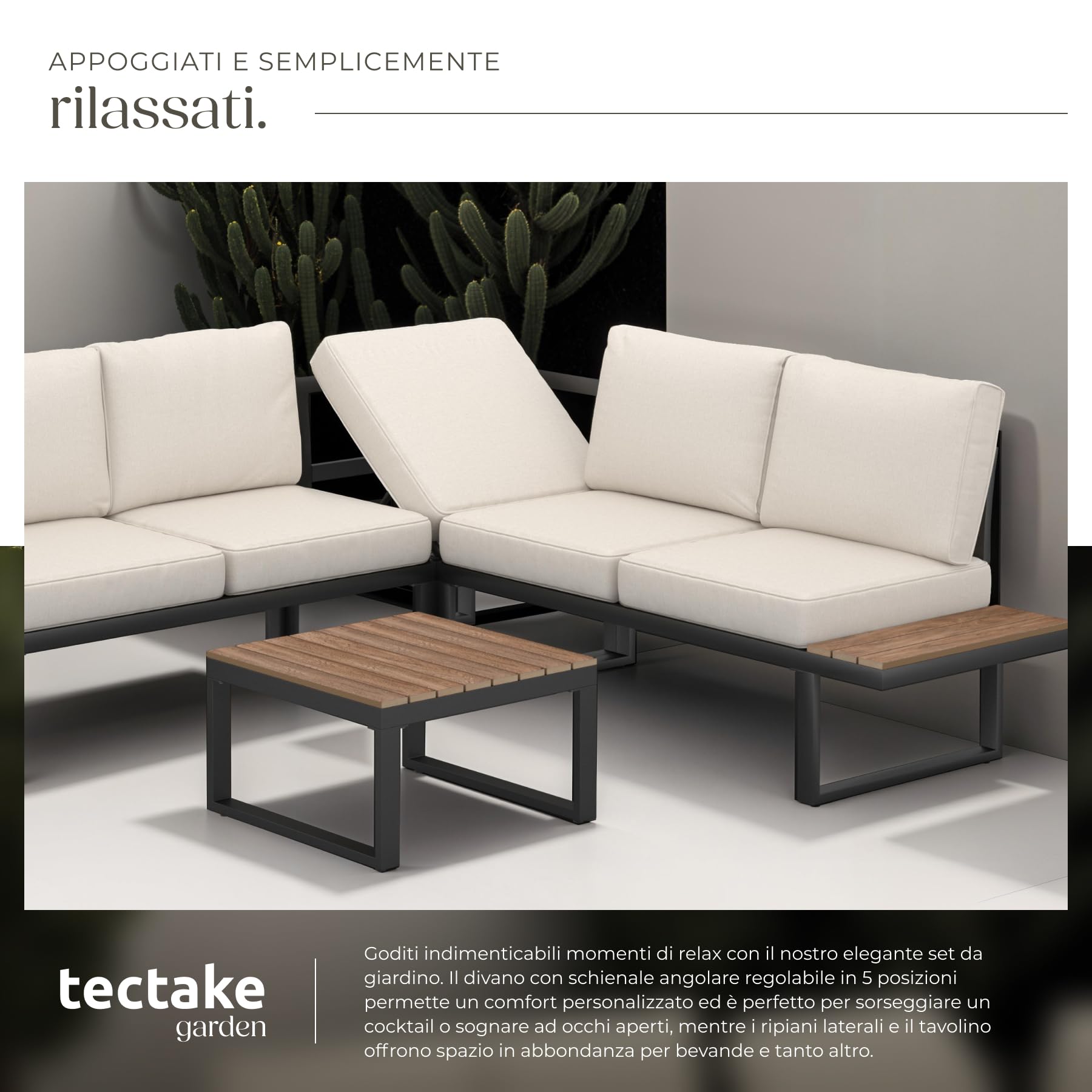 tectake® Set Salottino da Giardino 4 Pezzi, 1 Tavolino Salotto, 2 Divani, 1 Divano ad Angolo, Telaio in Alluminio Inossidabile, Cuscini Imbottiti Idrorepellenti, Schienale Regolabile - Nero