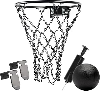 Black Mini Basketball Rim Set, Includes: Chain Net, 2 Door Hooks, Ball, Ball Pump, Screws, 9-inch Hoop with 6 Hooks