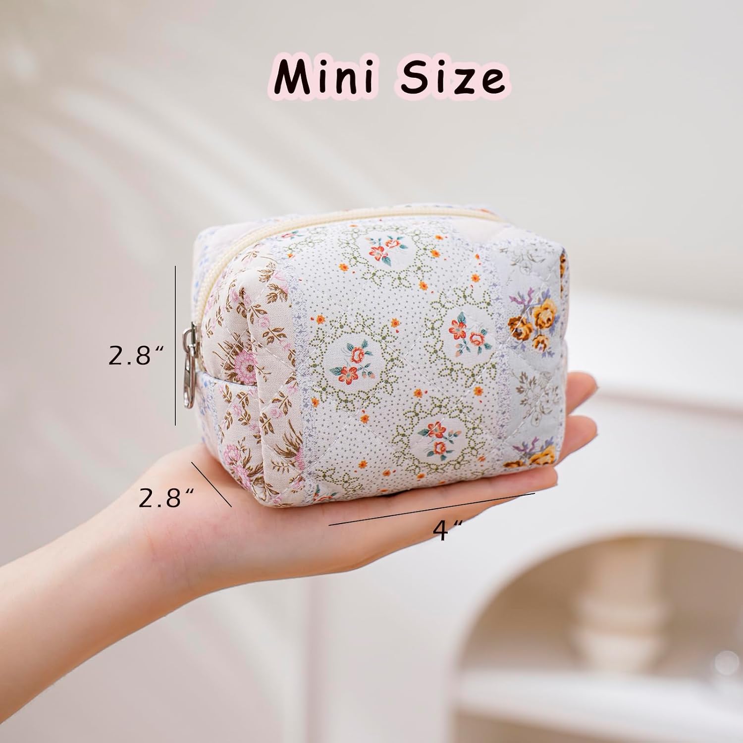 Cute Cotton Mini Cosmetic Bags for Purse,Featherweight Small Quilted Makeup Bag with Zipper, Lipstick Pouch Organizer for Women Girls(04Spring Flower) image 2