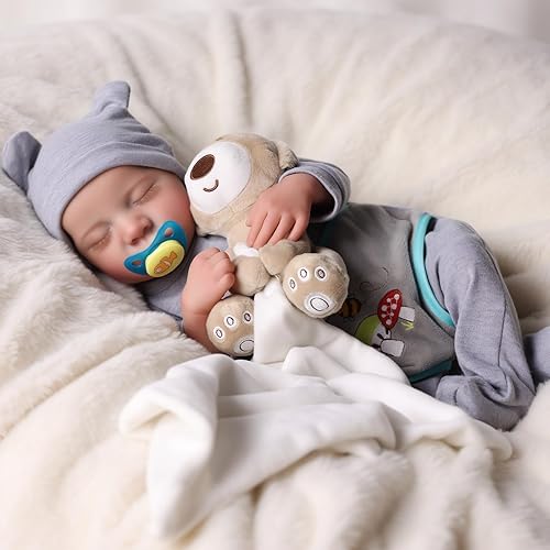 JIZHI Lifelike Reborn Baby Dolls Silicone Full Body - 17 Inch Realistic Newborn Baby Doll Real Life Realistic Baby Dolls Poseable Body Sleeping Baby Boy with Feeding Kit for Children 3+
