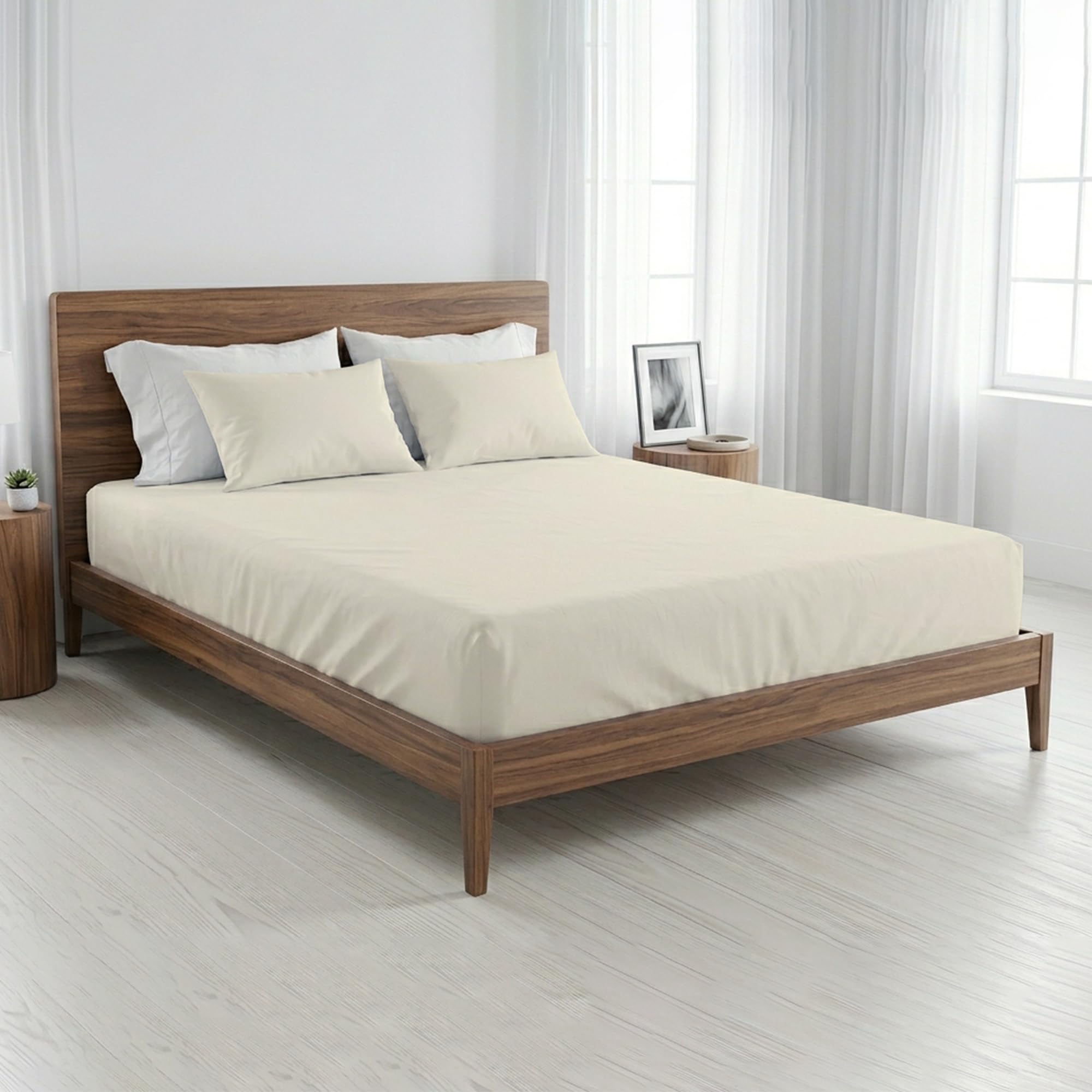 Bloombedding Cream 100% Egyptian Cotton 400Tc Single Fitted Sheet, 25Cm Deep Pocket