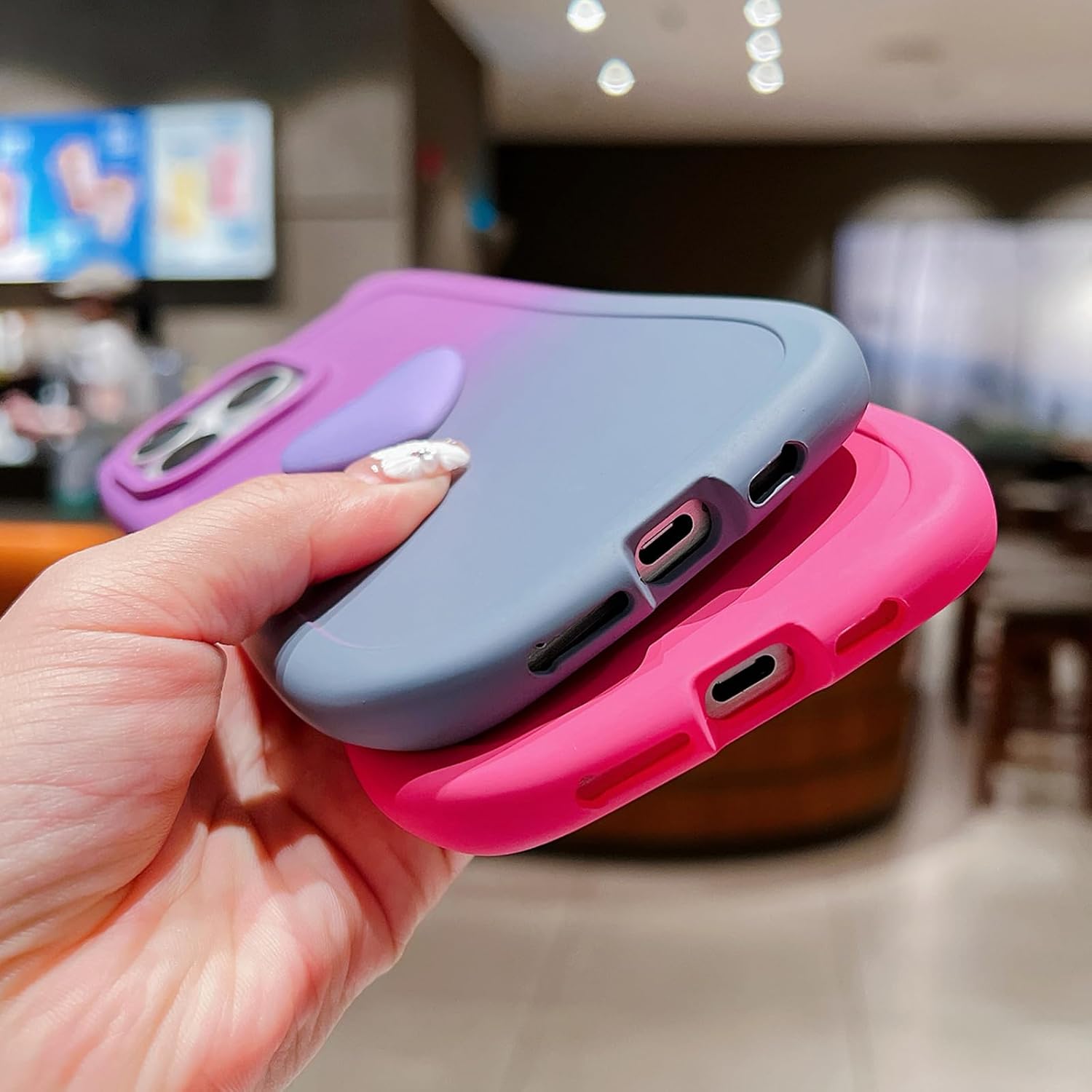 Tuokiou for iPhone 16 Pro Max Aesthetic Case 6.9" Cute 3D Love Heart Kawaii Gradient Color Cat Ear Phone Case for Women Girls Soft Silicone Shockproof Protective Arc Edge Cover (Blue Wine Red)