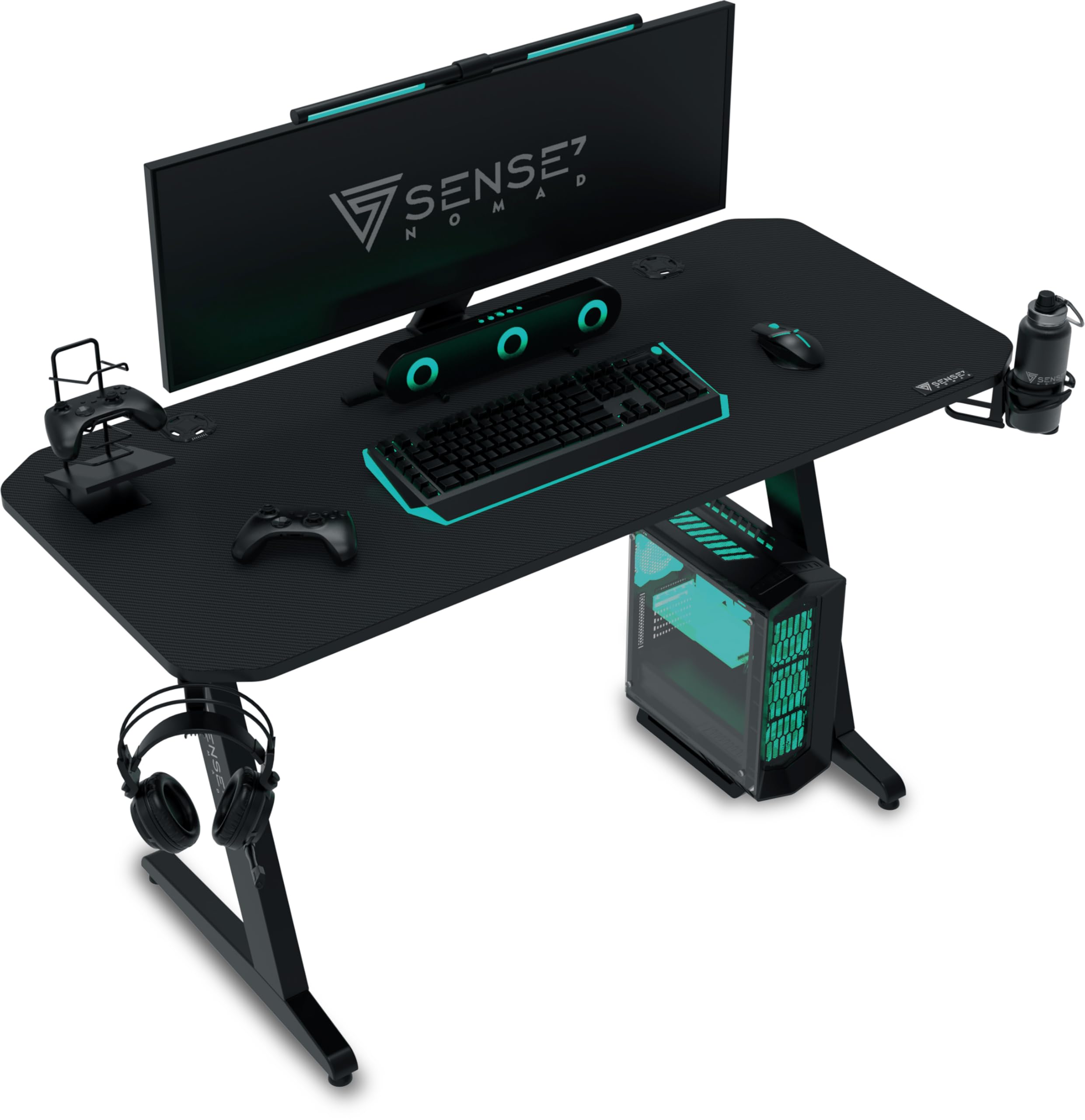 SENSE7 Biurko Gamingowe 140 x 60 cm z Uchwytem na Słuchawki, Kubek i Kontroler, Blat z Powłoką Carbon, Czarne Biurko dla Graczy, Udźwig do 80kg (Nomad Basic)