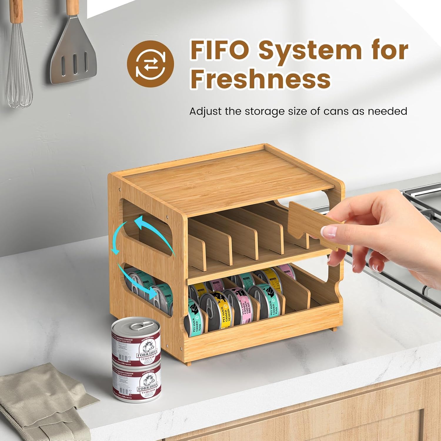 Teamkio Organizador de latas para despensa, organizador de despensa de bambú, estante apilable de 2 niveles, ideal para 36 latas de comida para humanos y mascotas (FIFO)