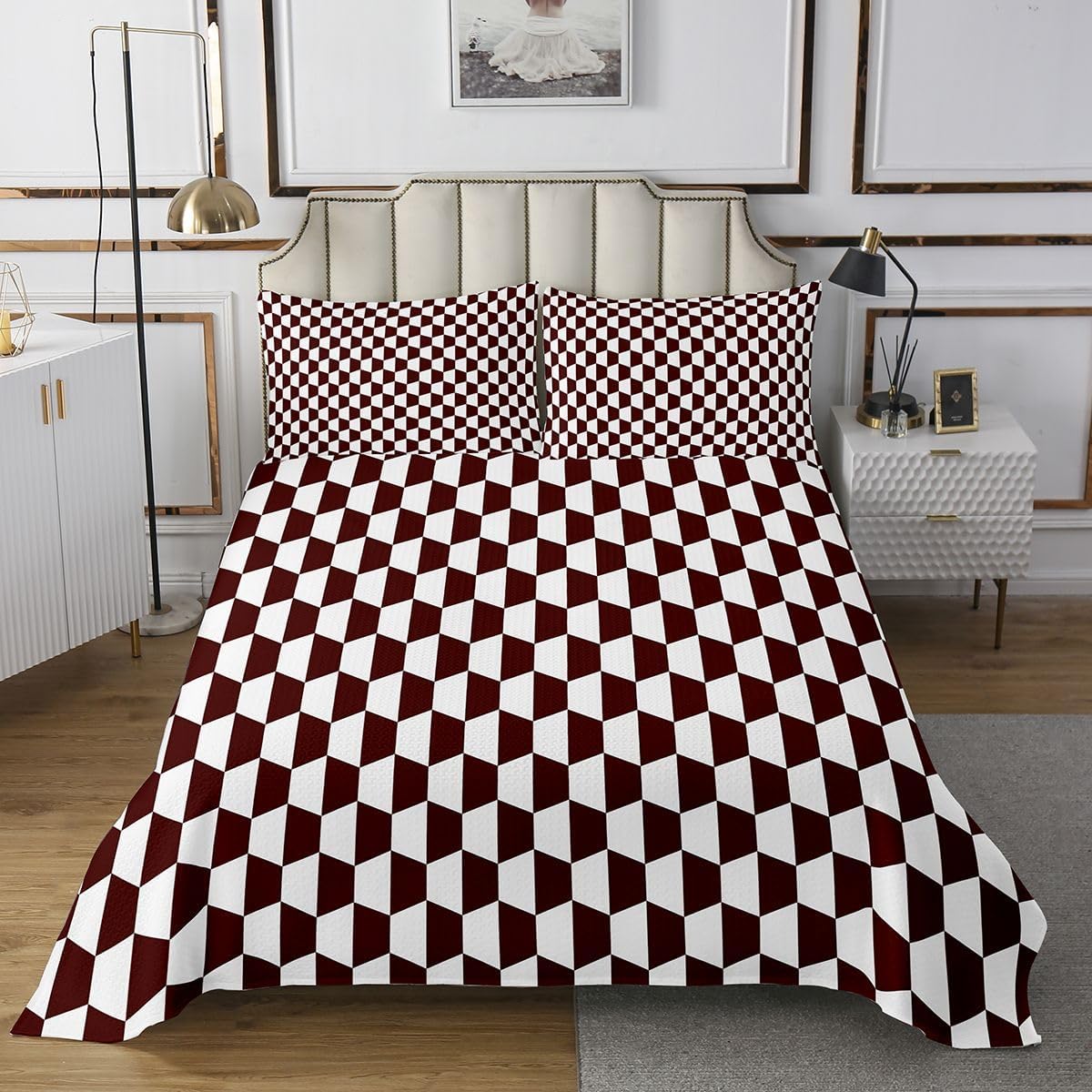 jejeloiu Checkered Bedspread for Kids Boys Girls Wine Red White Buffalo Plaid Coverlet Set Queen Size Geometric Grids Quilted Coverlet Bedroom Decor Breathable Soft Lightweight Microfiber 3Pcs