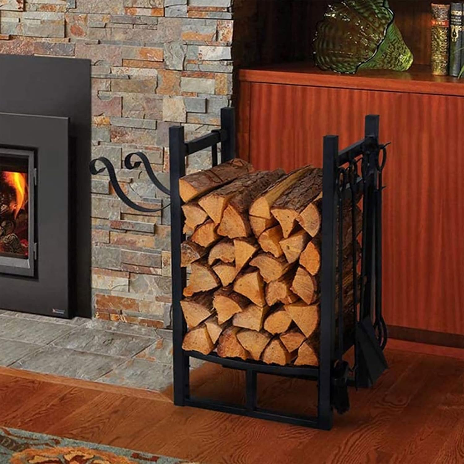 Firewood Rack Outdoor Heavy Duty Outdoor Firewood Rack Combo Set with Multi-Function Stand, Rustproof Indoor Fireplace Firewood Holder,