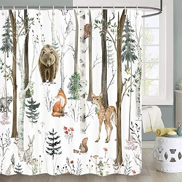 JAWO Rustic Forest Shower Curtain for Bahtroom, Country Woodland Wild Animals Bear Deer Fox Hunting Shower Curtain, Farmhouse Rustic Cabin Lodge Shower Curtain Set with Hooks 72X72IN