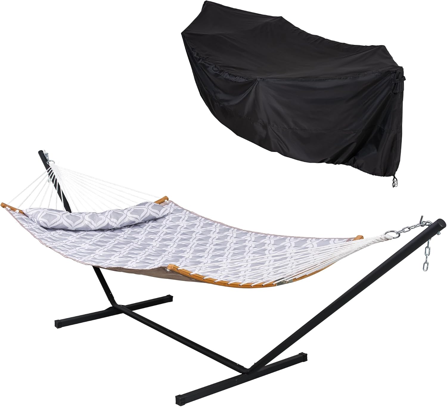 Double Hammock with Stand, 2 Person Curved Bar Hammock, Pillow, Portable Carrying Bag, Heavy Duty Hammock Cover, Gray Ripples & Black, Supports Up to 450 lbs