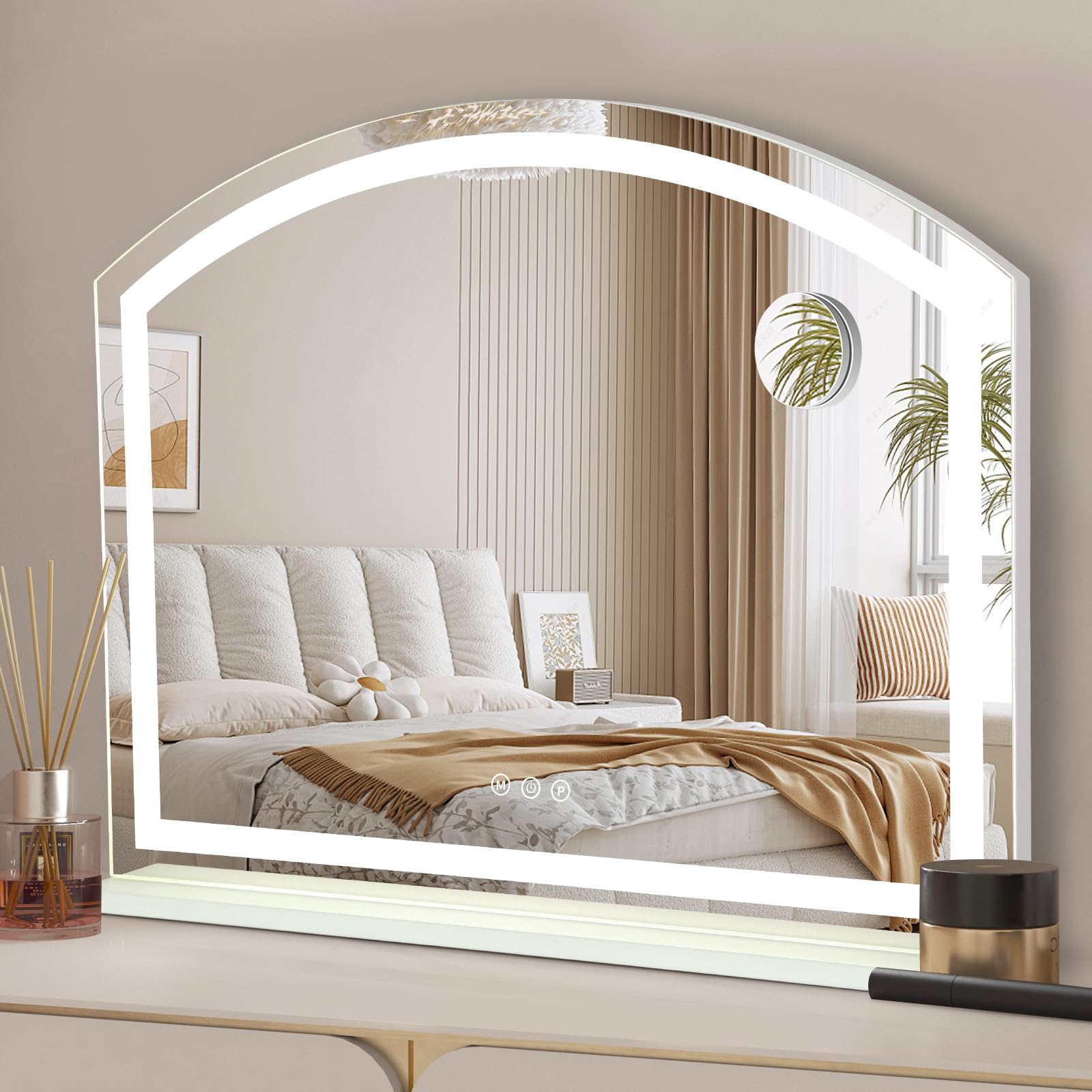 BSTSEL Arc-shaped Hollywood Vanity Mirror with Lights, Large Lighted Makeup Dressing Table Tabletop Mirror with Smart Touch, 3 Color Modes, USB & TYPE-C Output Port for Bedroom (Arched 60 * 50cm)