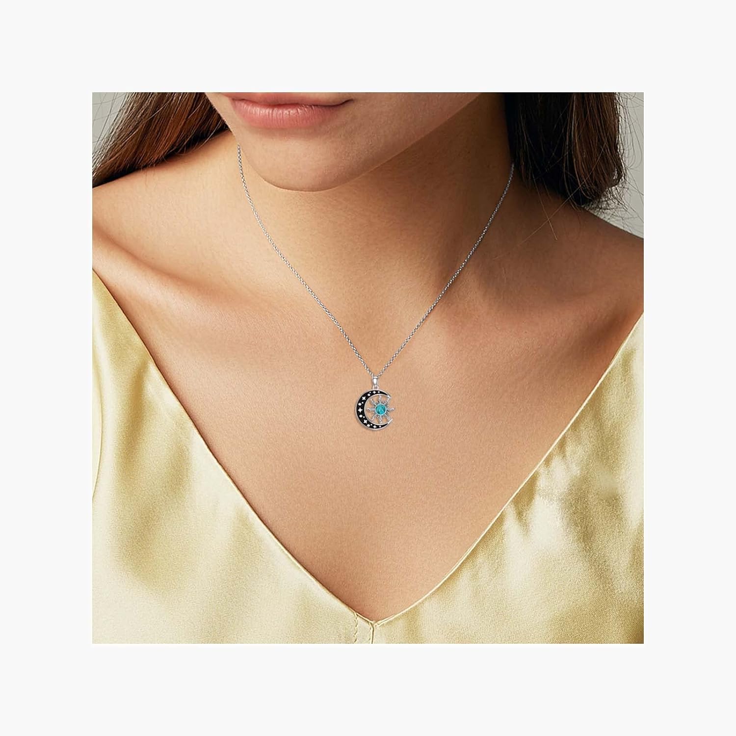 Moon and Sun Necklace for Women 925 Sterling Silver Genuine Turquoise/Diamond Crescent Moon Sun Pendant Western Jewelry Gifts for Mom Daughter - Image 6