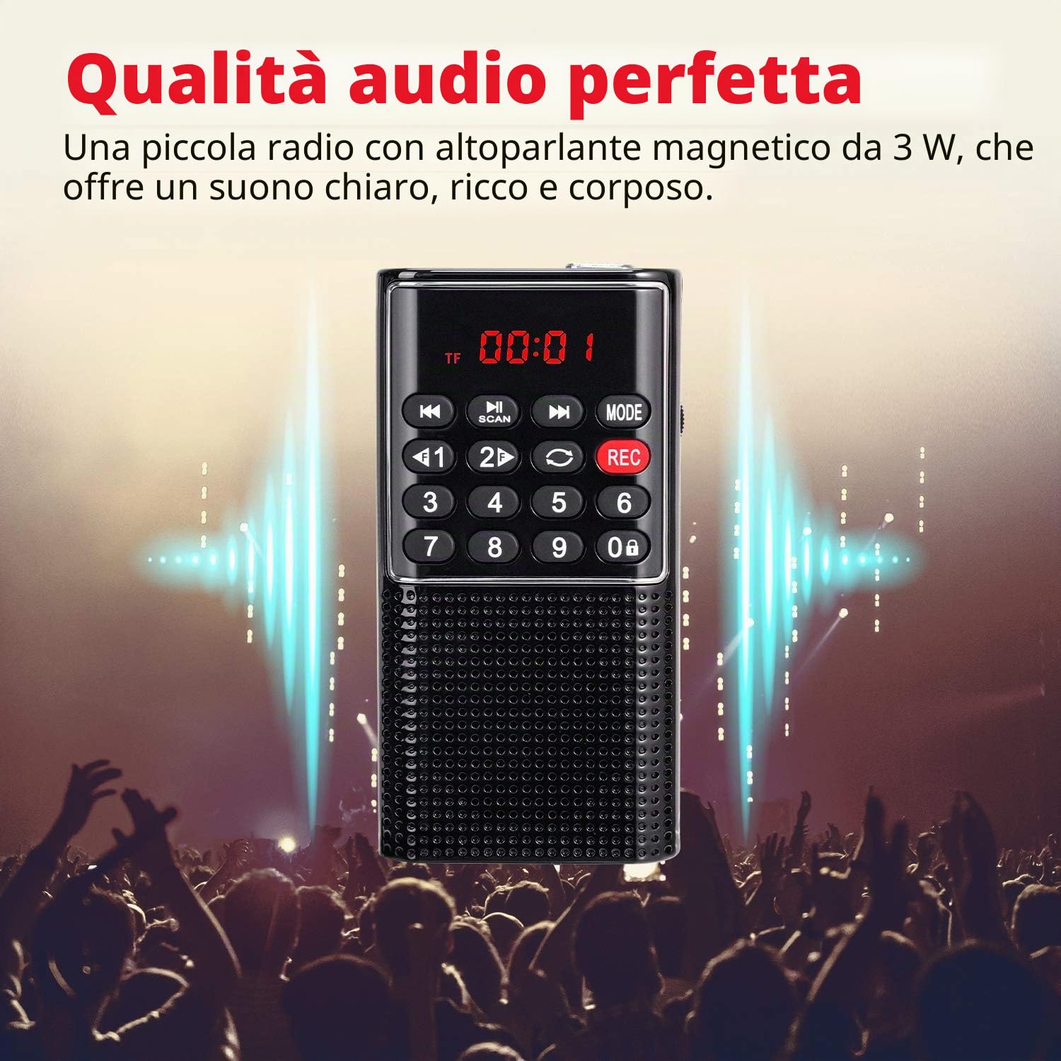 PRUNUS J-328 Mini Radio Portatile FM Walkman Digitale con Registratore, Lettore MP3, Batteria Ricaricabile, Nero
