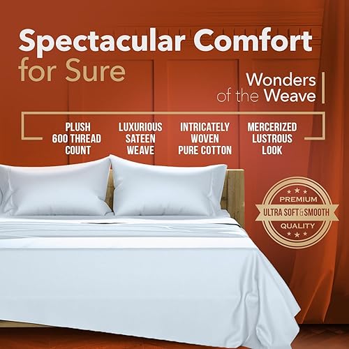 Miniatura 3 de Juego de sábanas de 600 hilos, de 100 % algodón, de color azul claro, tamaño individual, 4 piezas, de puro algodón peinado de fibra larga,