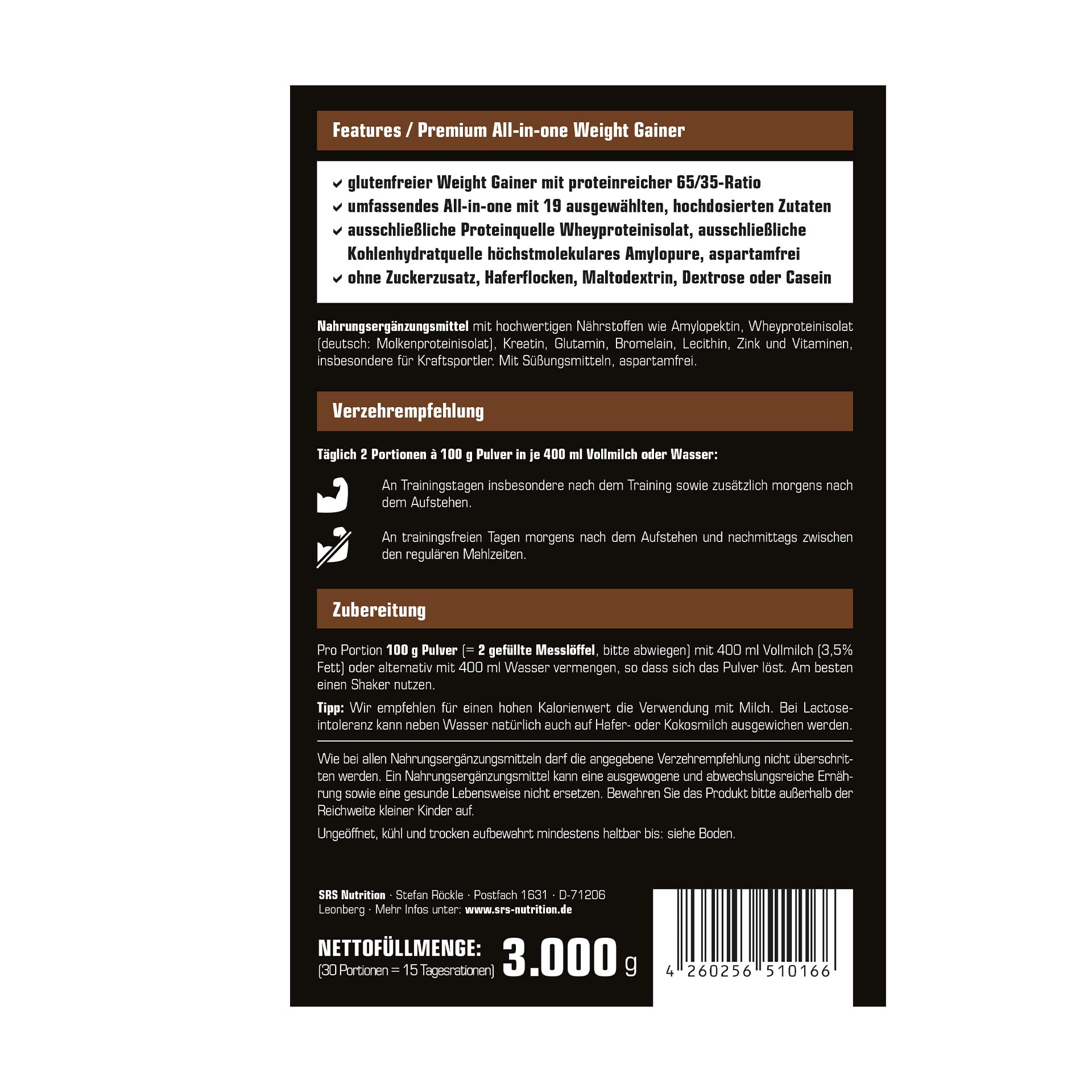 SRS Muscle - Gain Blast XXL, 3.000 g, Schoko | Premium All-in-one Weight Gainer | 65:35 Ratio | ausschließlich natives Whey Isolat als Proteinquelle | ohne Aspartam | deutsche Premiumqualität