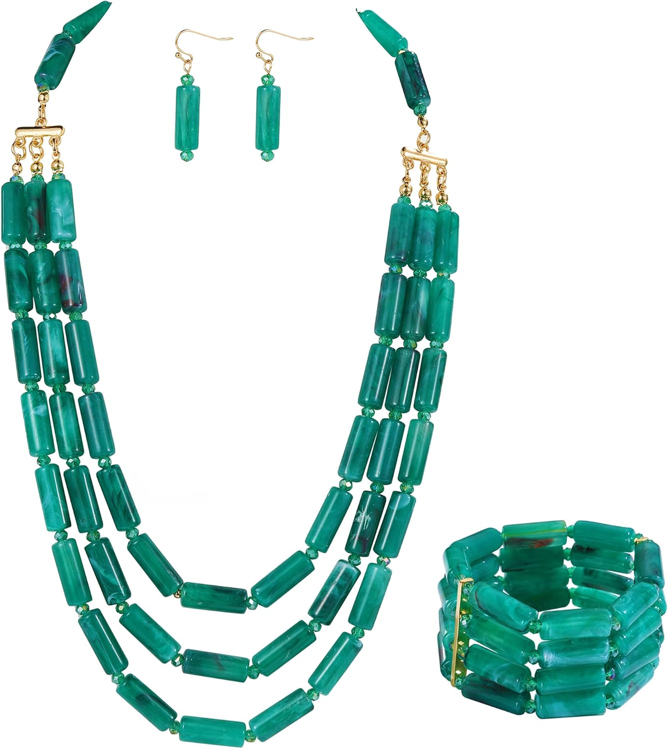 Firstmeet Chunky Beads Necklace with Bracelet Eaarings Acrylic Multi Layered Jewelry Statement Necklace Handmade Strand